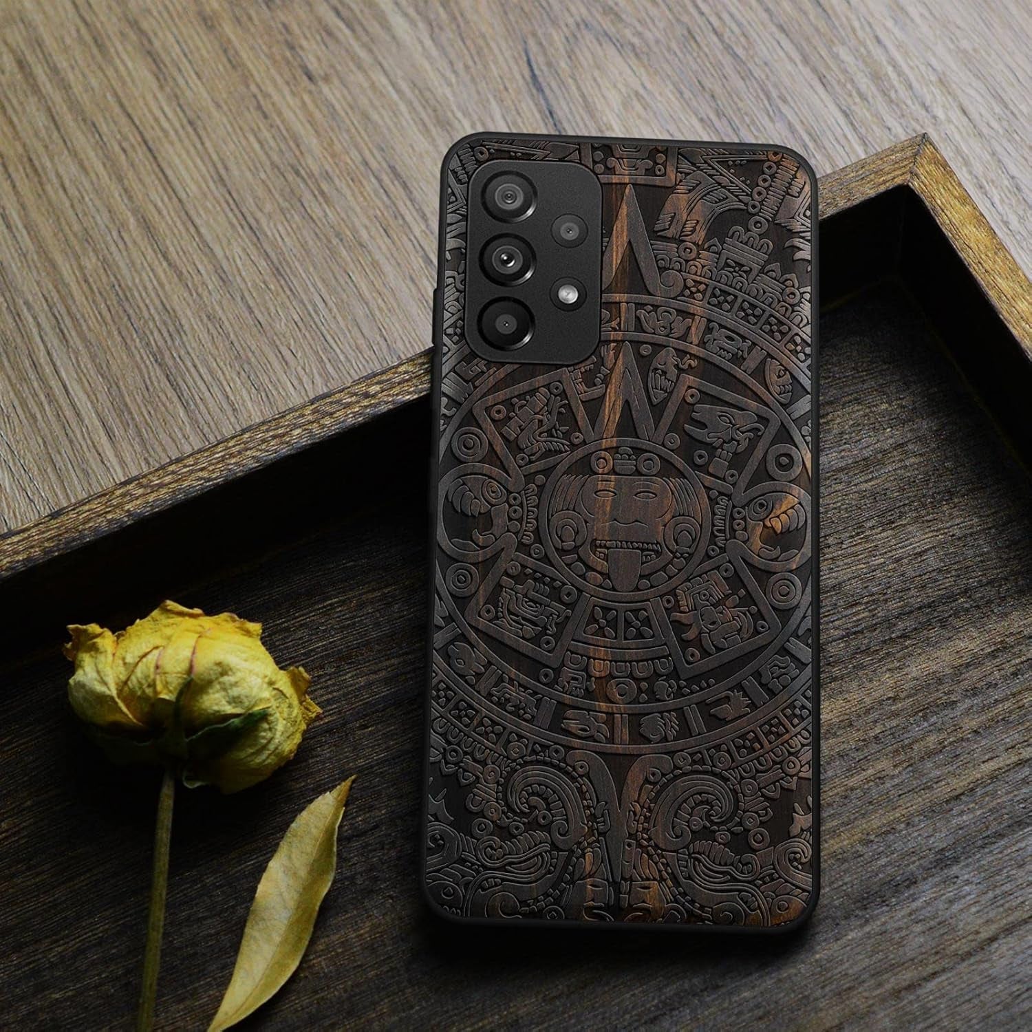 Carveit Wood Case for Samsung Galaxy A53 5G Case [Natural Wood & Black Soft TPU] Shockproof Protective Cover Unique Wooden Case Compatible with Galaxy A53 5G Case (Mayan Symbols Calendar-Blackwood)