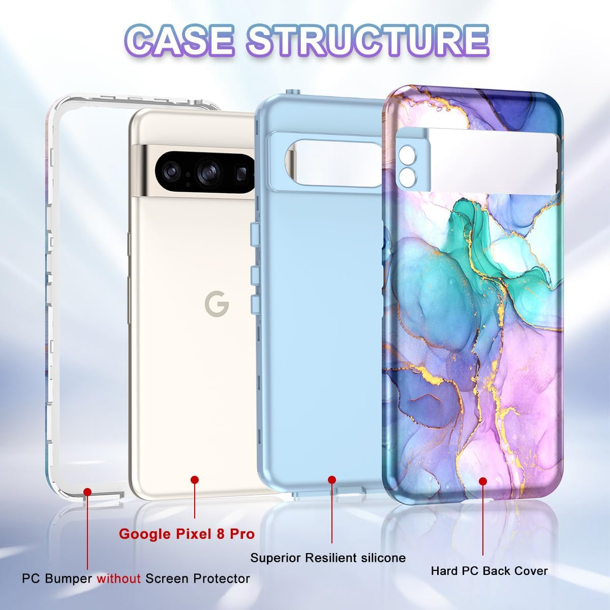 Btscase for Google Pixel 8 Pro Case (2023), Marble Pattern 3 in 1 Heavy Duty Shockproof Full Body Rugged Hard Pc+Soft Silicone Drop Protective Women Girl Cover for Google Pixel 8 Pro, Blue Pink  Btscase   