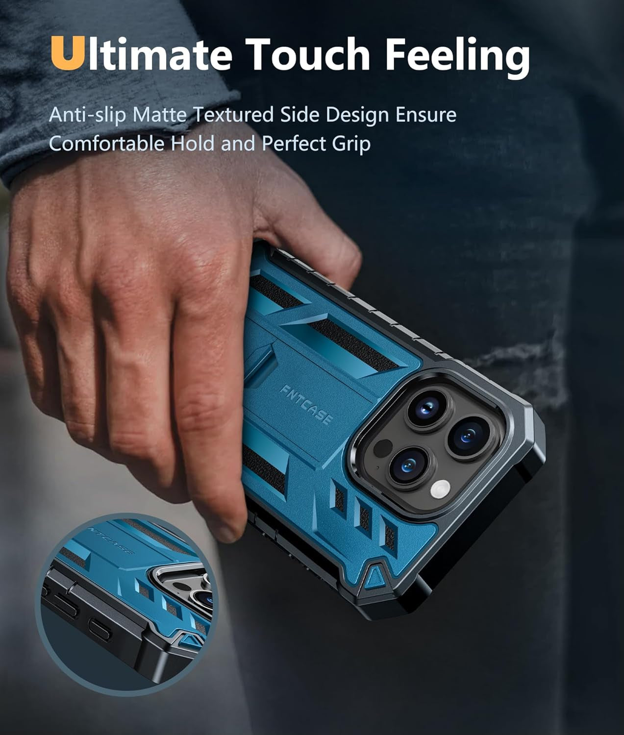FNTCASE for Iphone 15 Pro Case: Military Grade Drop Proof Rugged Protective Cell Phone Cover with Kickstand & Built-In Protector | Matte Textured Shockproof TPU Hybrid Bumper Cases (Blue)  FNTCASE   