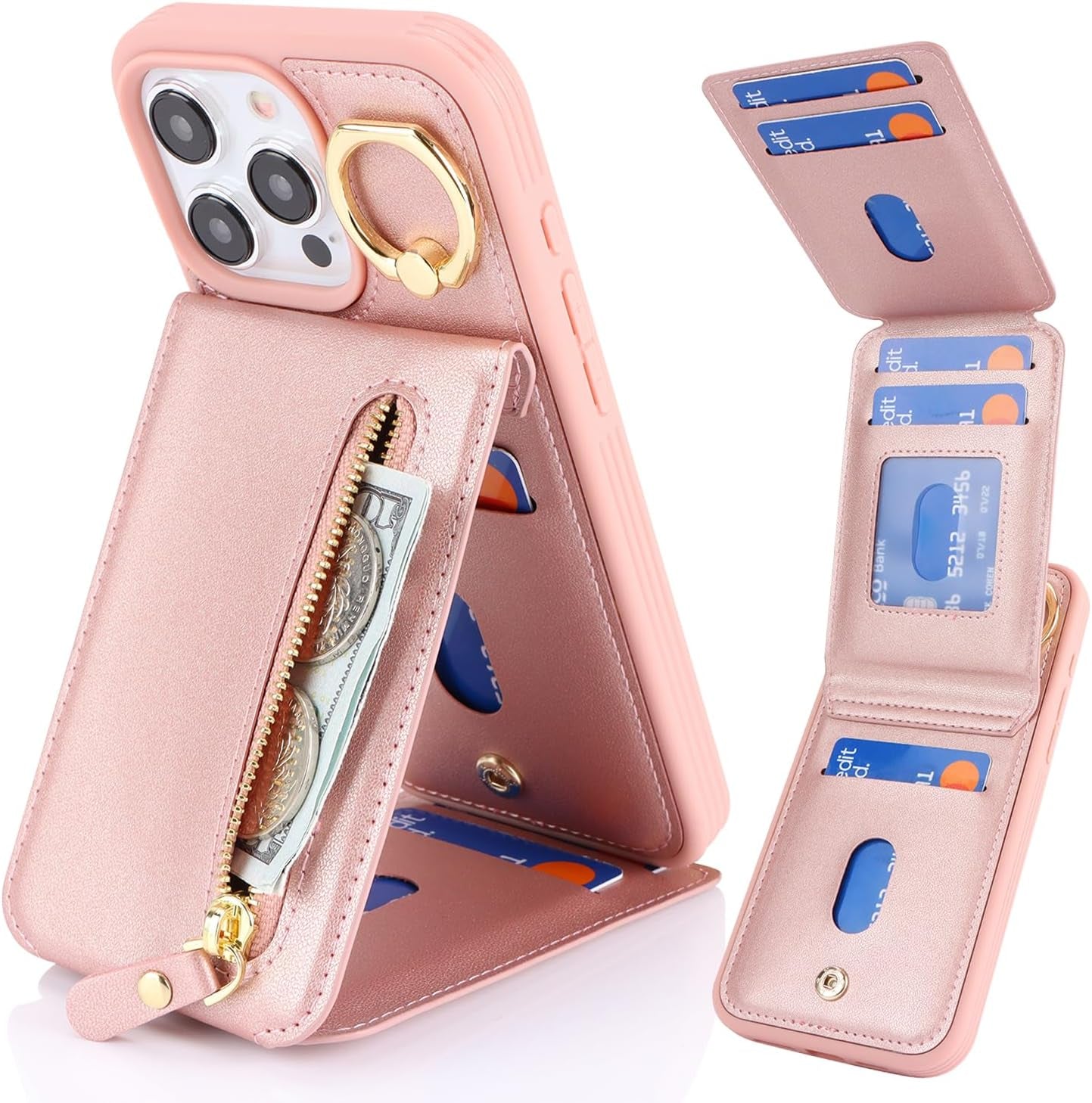 DEYHU Iphone 15 Pro Case with Card Holder, Iphone 15 Pro Phone Case Wallet for Women Magsafe Compatible Wallet Detachable 2-In-1 for Men-Dark Blue  DEYHU B+Rose Gold Iphone 15 Pro 