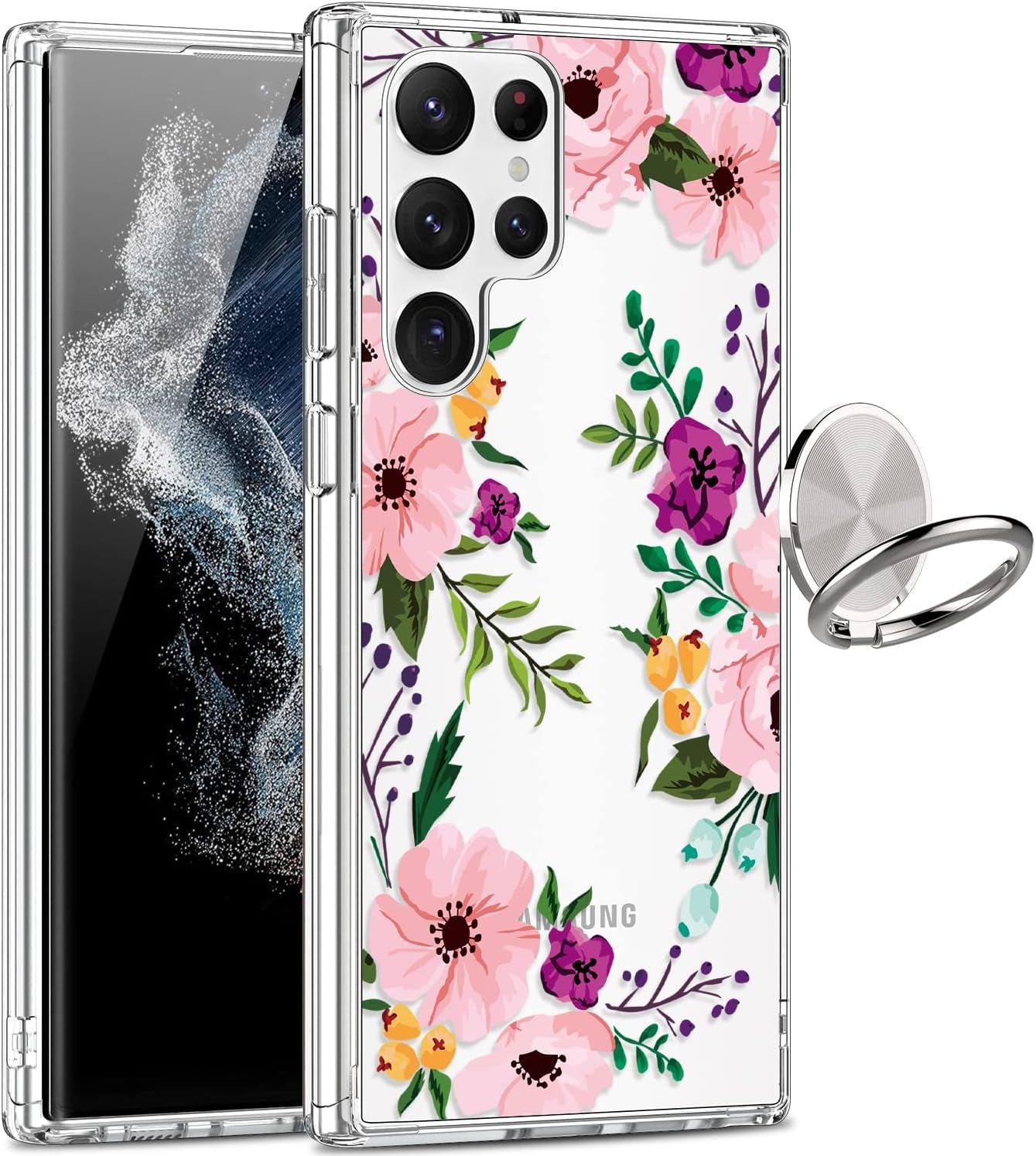 Giika for Galaxy S22 Ultra Case, Clear Girls Women Heavy Duty Shockproof Protective Hard Phone Cover Case for Samsung Galaxy S22 Ultra, Blue Flowers