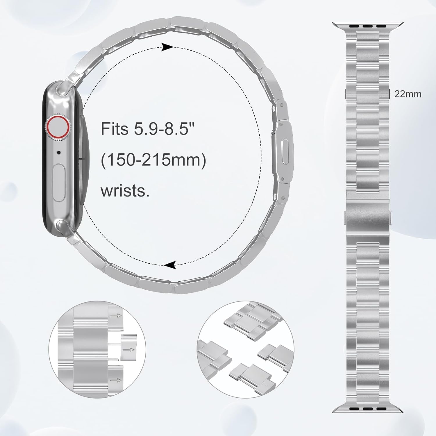 Finestone Metal Band for Apple Watch - No Tool Needed Apple Watch Stainless Steel Band Compatible with Apple Watch 41Mm 40Mm 38Mm - Magnetic Clasp Strap for Iwatch Series 9/8/7/6/5/4/3/2/1 SE Silver