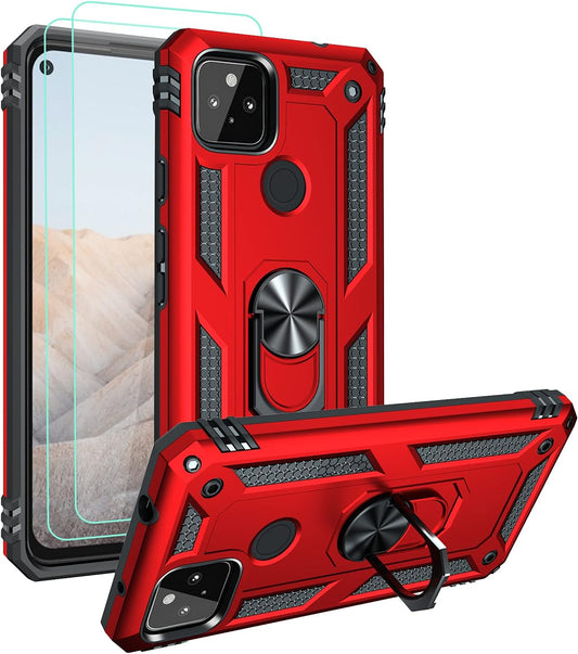 Androgate Designed for Google Pixel 5A Case with HD Screen Protectors, Military-Grade Metal Ring Holder Kickstand 15Ft Drop Tested Shockproof Cover Case for Pixel 5A 5G Red  E&M Tek Red  
