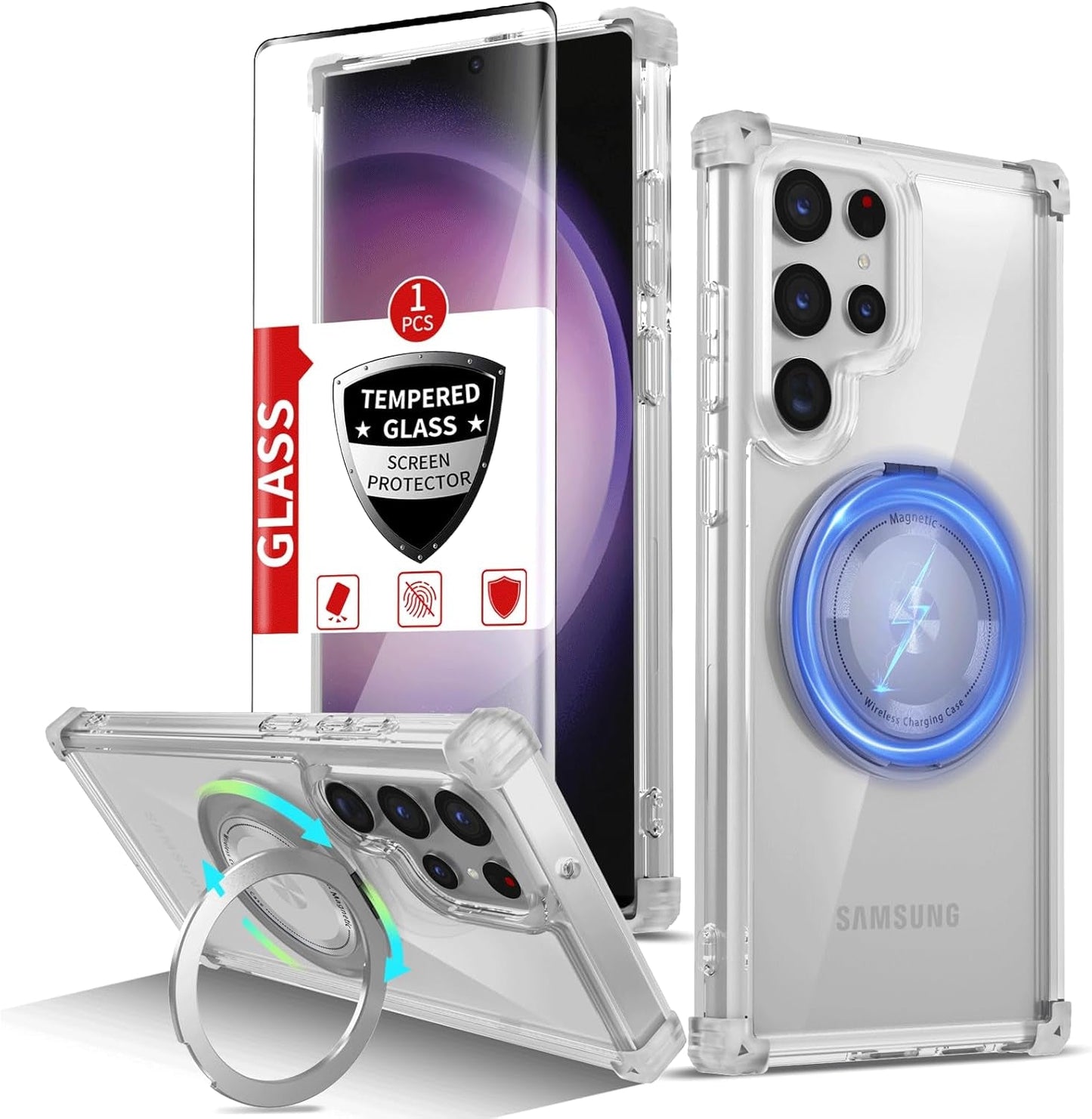 For Samsung Galaxy S22 Ultra Case Magnetic Compatible with Magsafe Galaxy S22Ultra Case with Glass Screen Protector,With Kickstand Military Grade Drop Protection Shockproof S22Ultra Case Clear