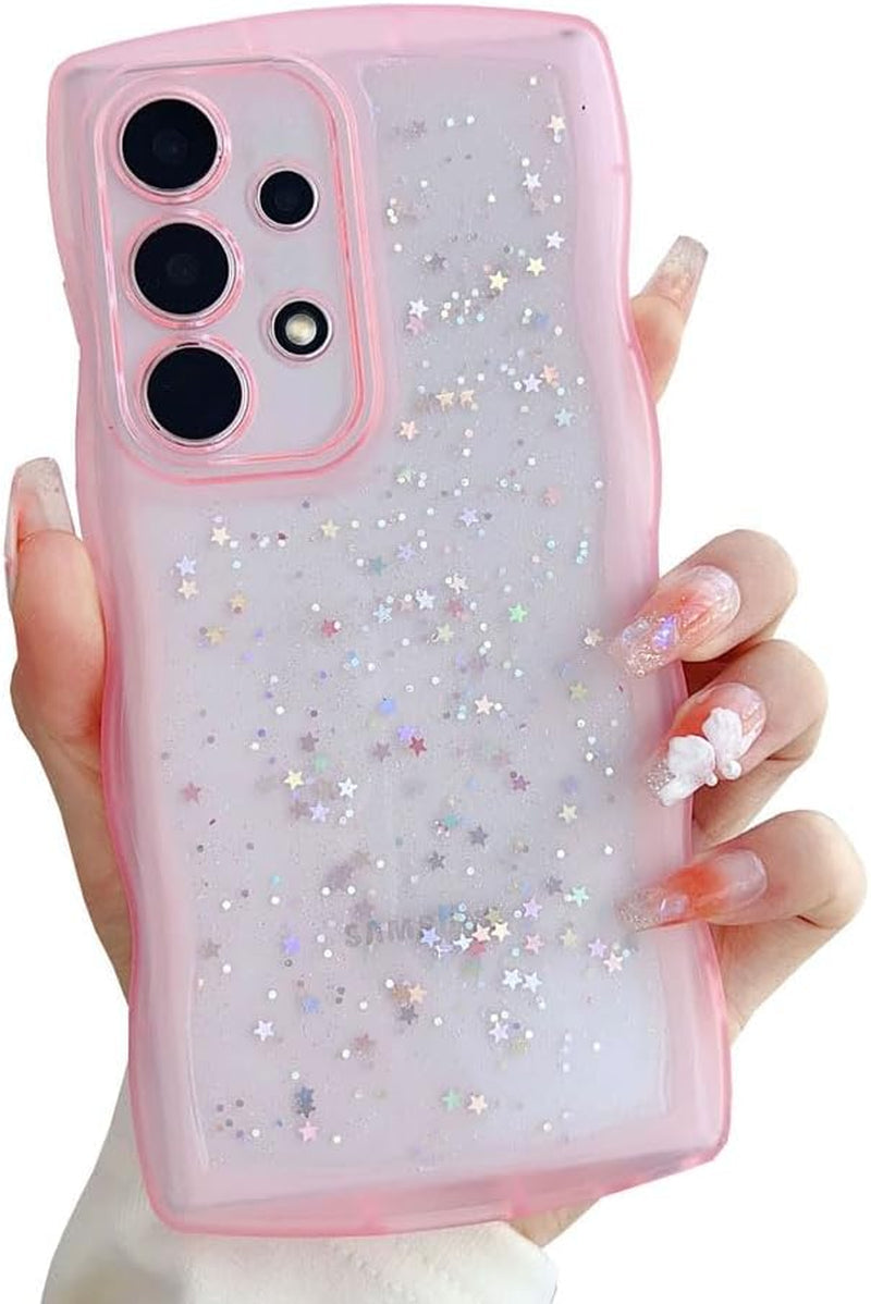 Compatible with Galaxy A53 5G Case for Women Girls Glitter Sparkly Bling Camera Lens Protector Cute Curly Wave Frame Shockproof Protective Cover Phone Case for Samsung Galaxy A53 5G(BLUE)