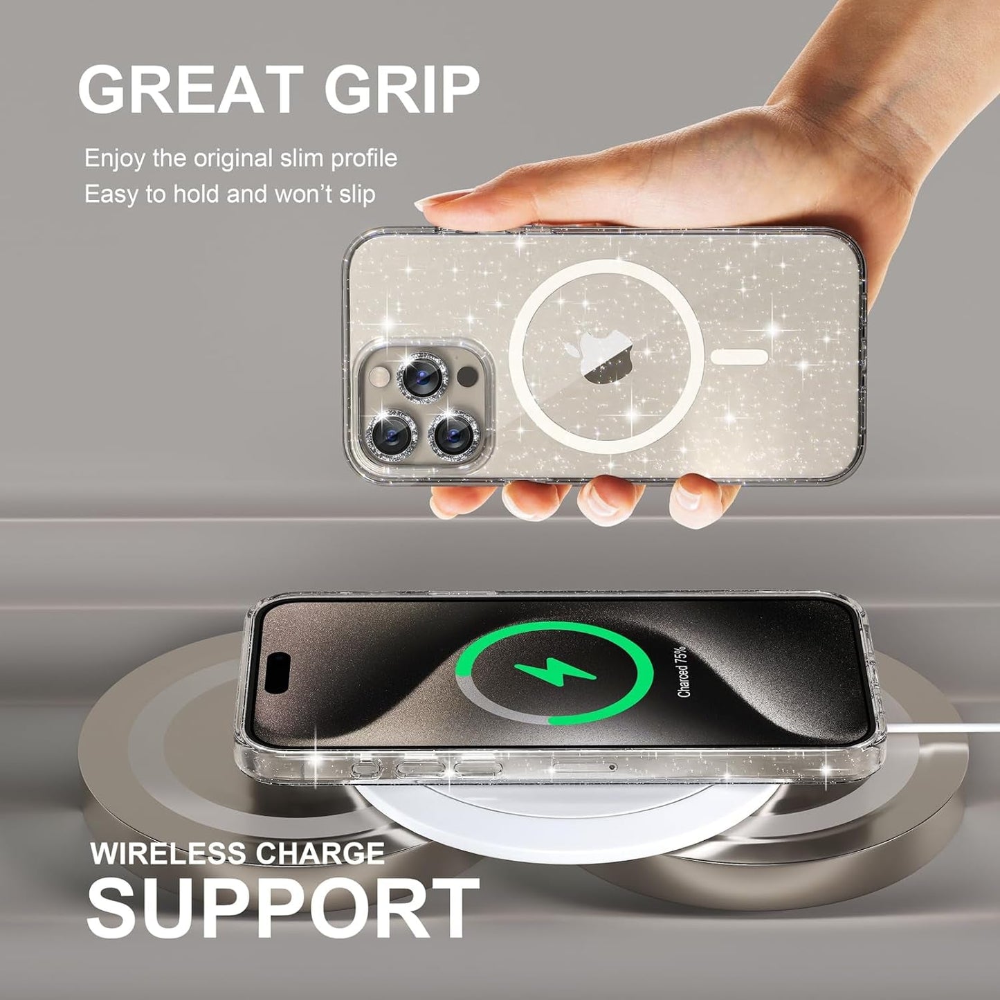 Choiche for Iphone 15 Pro Case Magnetic, Women Clear Glitter Bling Sparkly Case, [3Xdiamond Camera Lens Protectors] [2Xtempered Glass Screen Protectors] [Compatible Magsafe] (Glitter Clear)  Choiche   