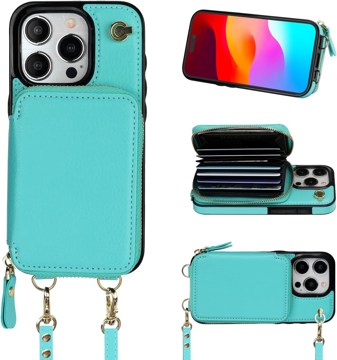 Bocasal Crossbody Wallet Case for Iphone 15 Pro, RFID Blocking Leather Purse Case with Card Holder, Protective Handbag Flip Cover with Zipper Wrist Strap Lanyard for Women 5G 6.1 Inch (Red)  Bocasal   