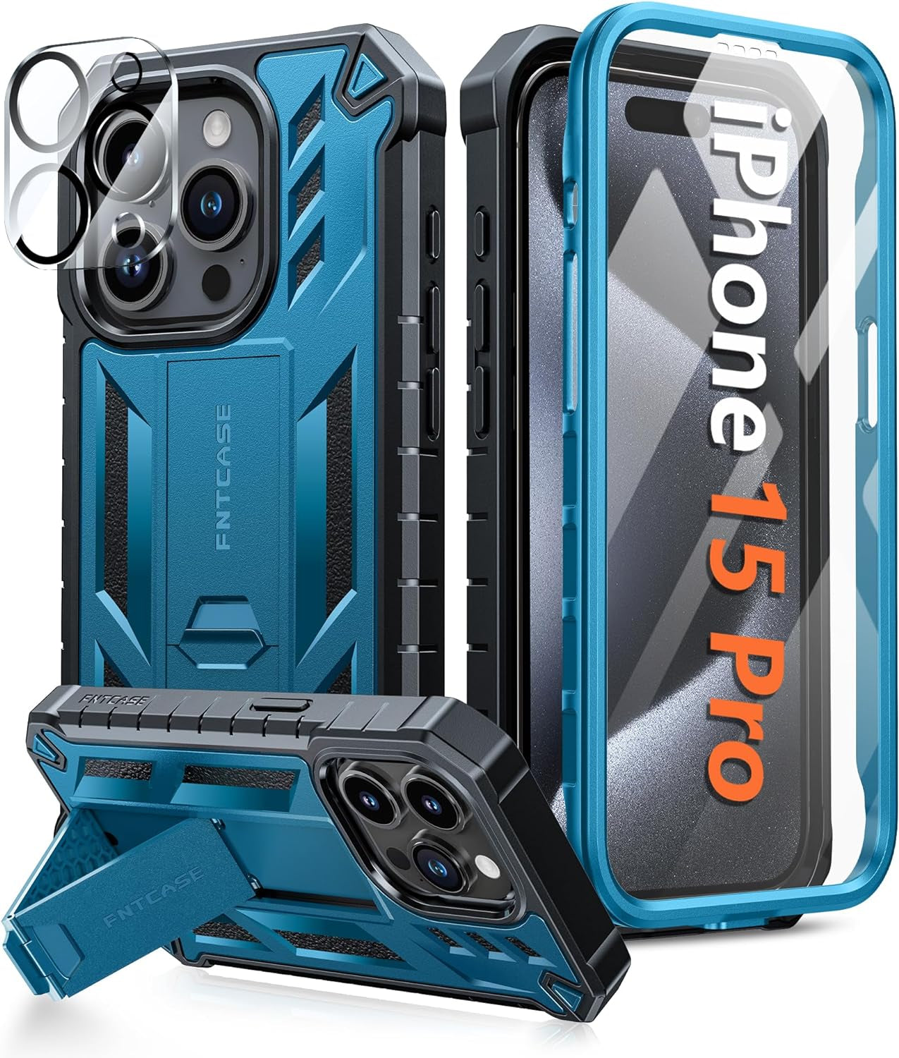 FNTCASE for Iphone 15 Pro Case: Military Grade Drop Proof Rugged Protective Cell Phone Cover with Kickstand & Built-In Protector | Matte Textured Shockproof TPU Hybrid Bumper Cases (Blue)  FNTCASE Blue  