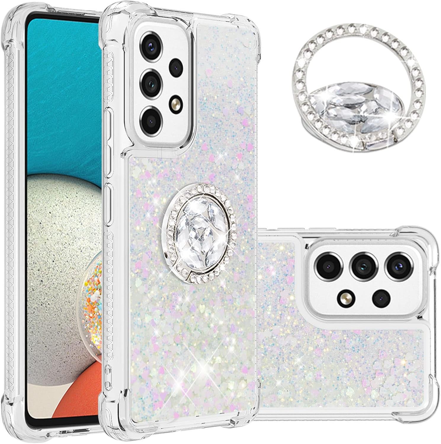 Ccsmall for Samsung Galaxy A53 5G Glitter Case with Ring Holder, Bling Sparkle Floating Liquid Soft TPU Cushion Fashion Girly Women Girls Clear Case Cover for Samsung Galaxy A53 5G LSZ Rose Gold