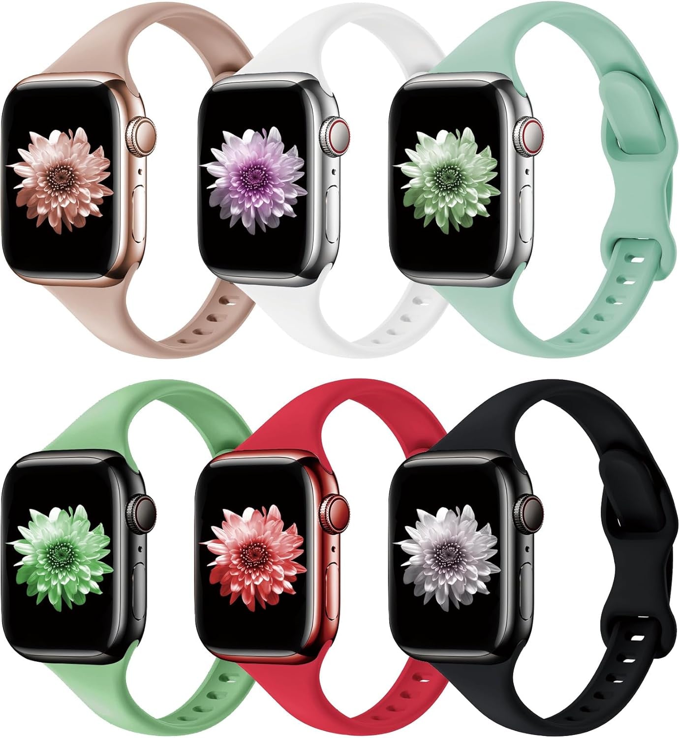 6 Pack Bands for Apple Watch Band 41Mm 40Mm 38Mm 44Mm 45Mm 42Mm 49Mm Ultra 2 Women Men Slim Thin Narrow Silicone Soft Sport Strap Wristband for Iwatch Series 9/8/7/SE/6/5/4/3/2/1