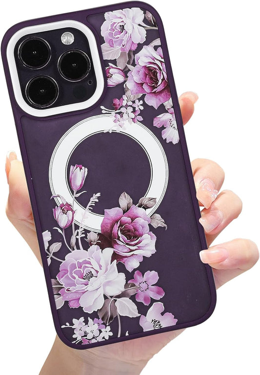 Eiyikof Compatible with Iphone 15 Pro Magnetic Matte Translucent Case [Luxury Shockproof Magsafe Case] [Cute Flower Pattern Hard Back Cover] Iphone 15 Pro Case for Women Girls-Purple Floral  Eiyikof   