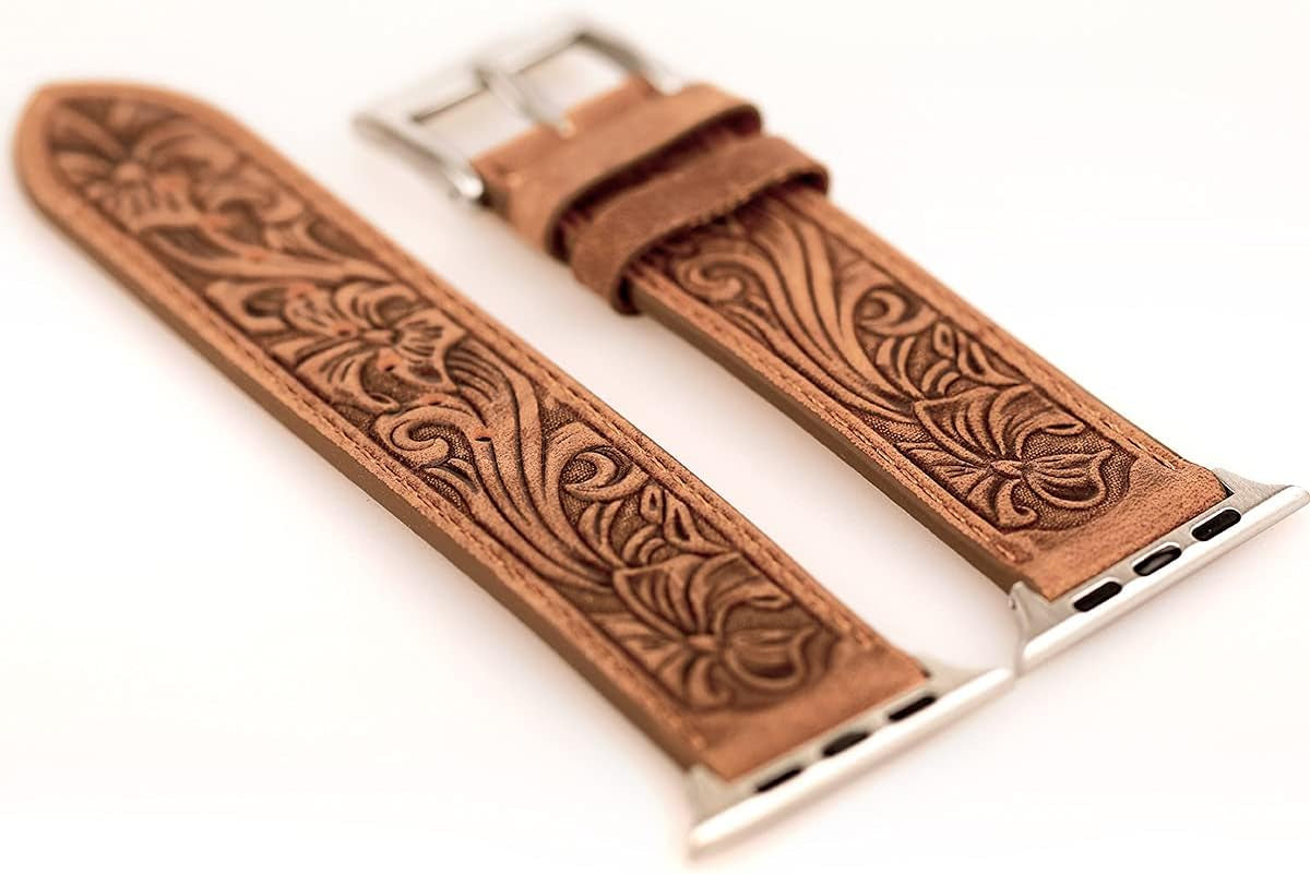 For Apple Watch Band Leather 40Mm 38Mm 44Mm 42Mm, Retro Pattern Leather Classical Replacement Smart Watch Band for Iwatch Men Women Series SE 6 5 4 3 2 1