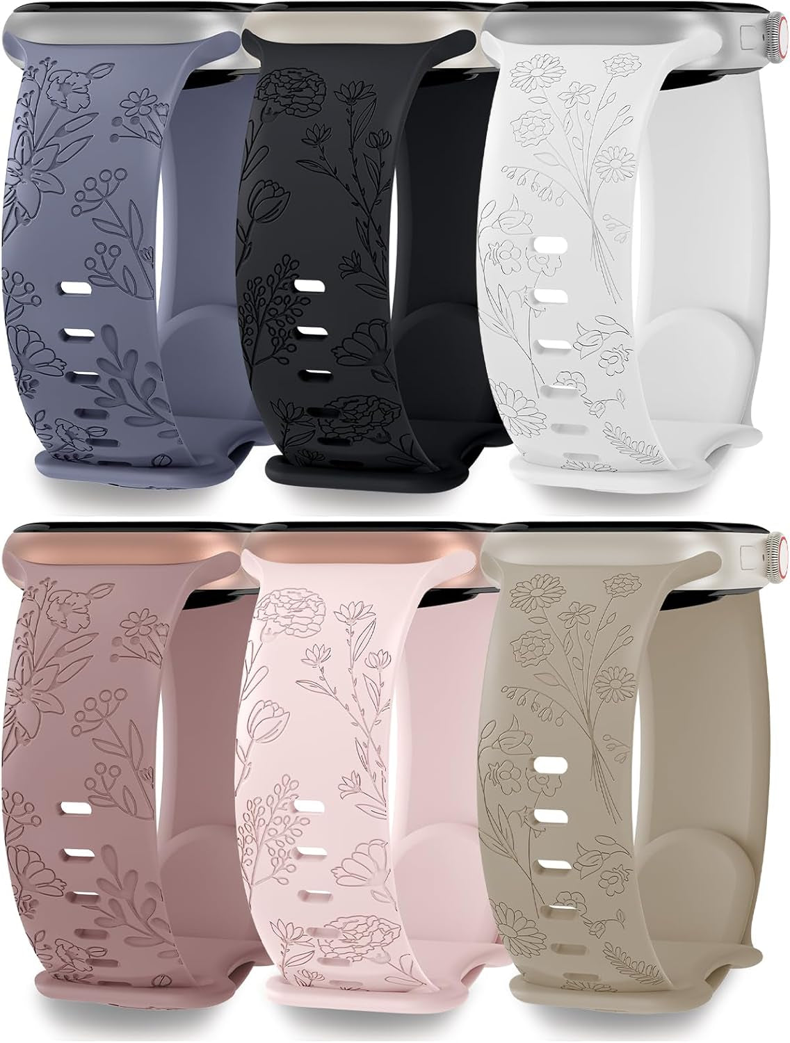 6 Pack Floral Engraved Compatible for Apple Watch Band 38Mm 40Mm 41Mm 42Mm 44Mm 45Mm 49Mm Women, Soft Silicone Cute Flower Sport Strap for Iwatch Bands Series 9 8 7 SE 6 5 4 3 2 1 Ultra