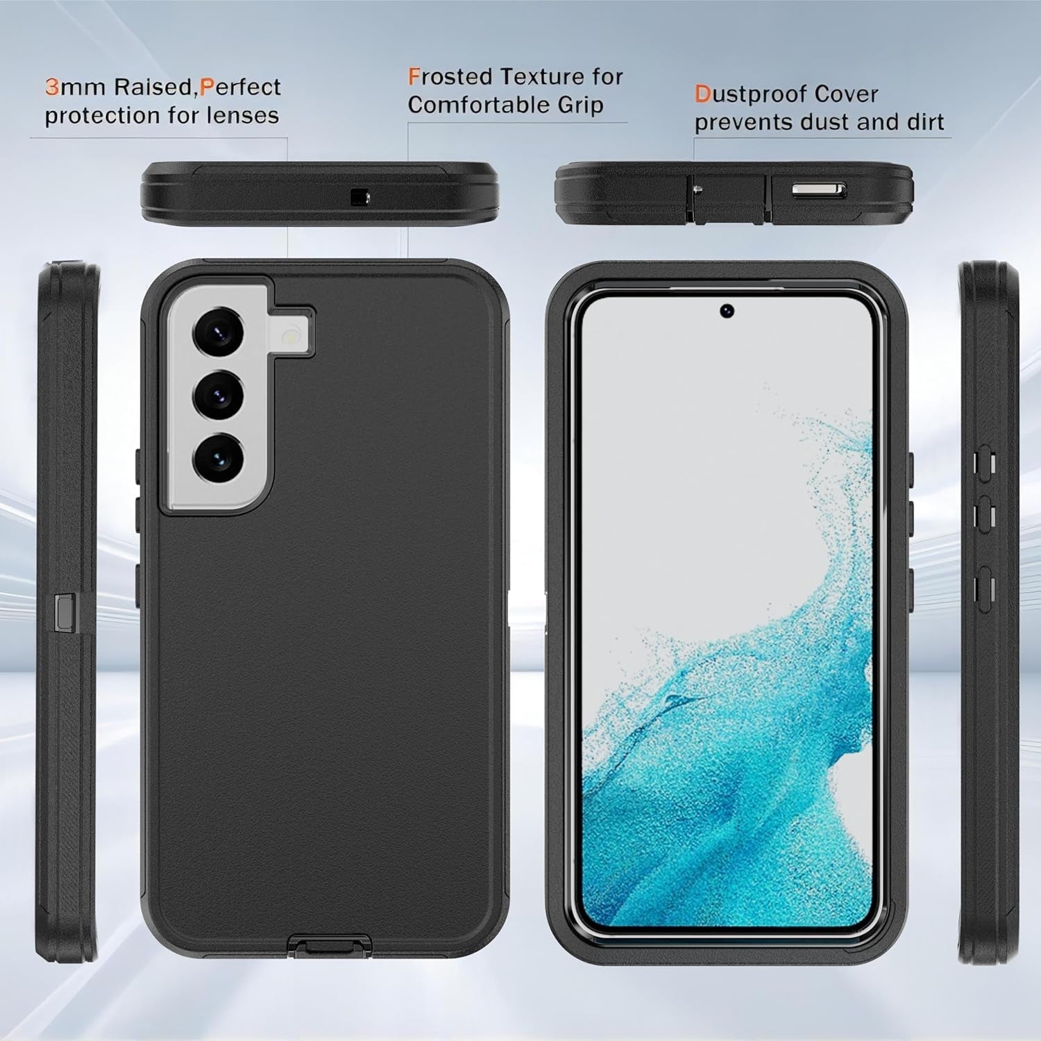 For Galaxy S22 Case with Soft TPU Film Screen Protector[2 Pack],3 in 1 Shockproof TPU Hard PC Bumper Drop-Proof Shell for Samsung Galaxy S22 Black