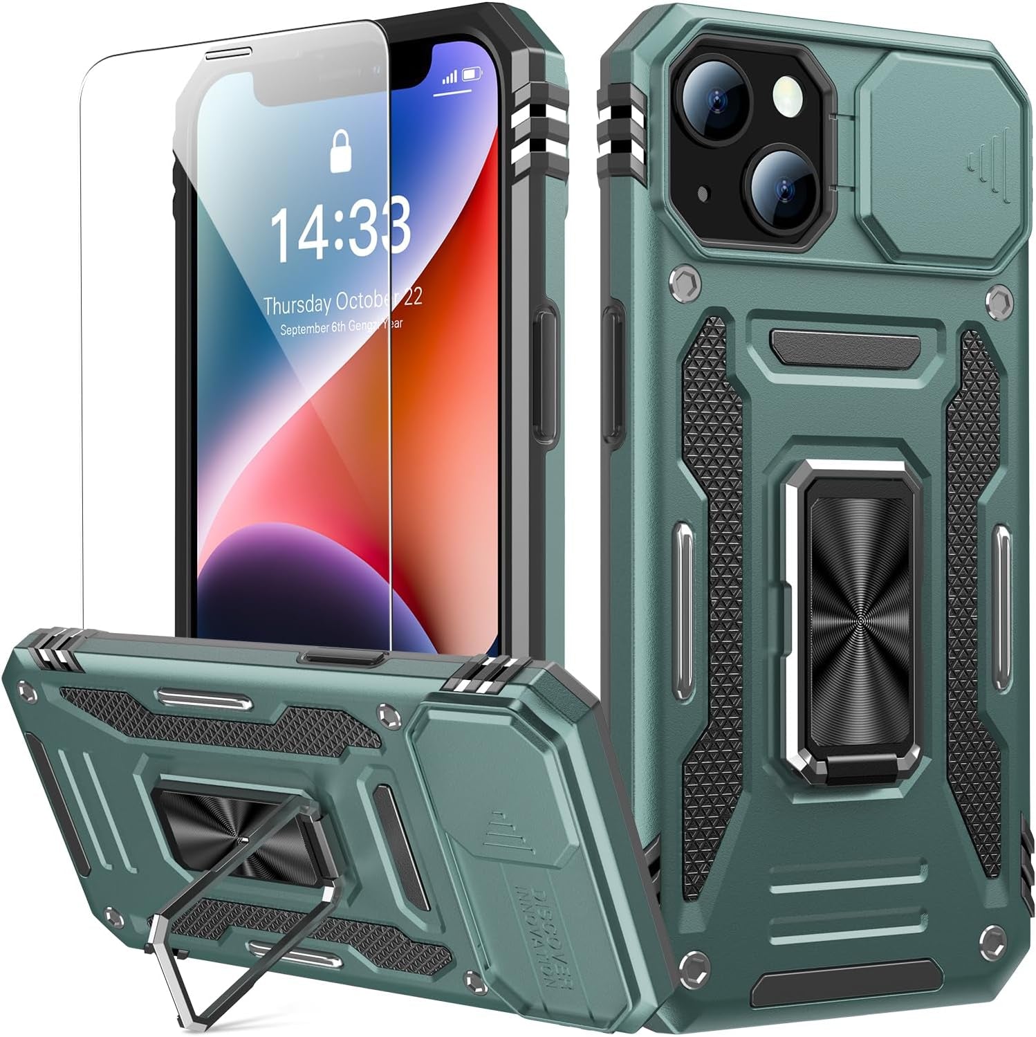 Goodon for Iphone 14 Pro Max Case with Slide Camera Cover + Screen Protector, Built in Rotated Ring Magnetic Kickstand Military Grade Shockproof Protective Phone Case 6.7" Pale - Green  Goodon   
