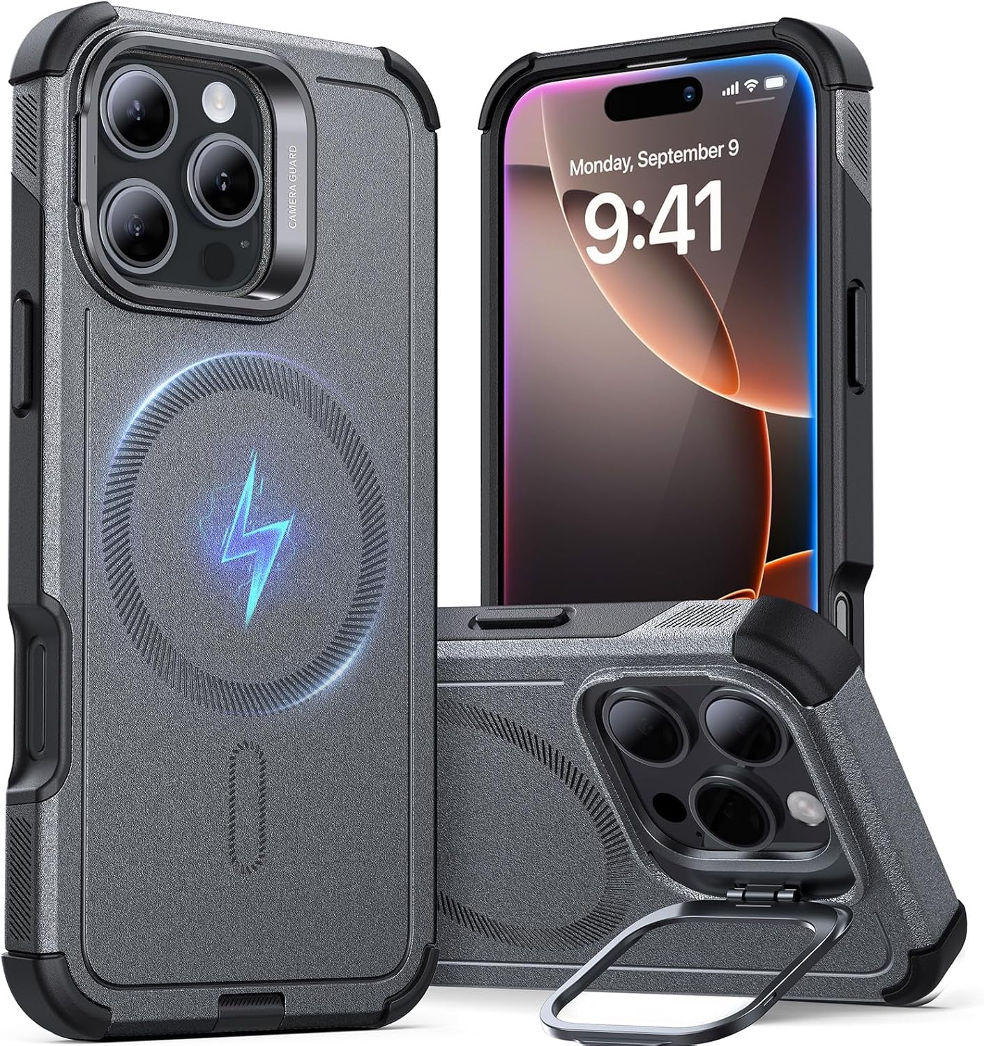 ESR for Iphone 17 Pro Case with Stash Stand, 7X Military-Grade Drop Protection with Camera Control, Shock-Absorbing Phone Rugged Cover, Compatible with Magsafe Accessories, Cyber Series, Black