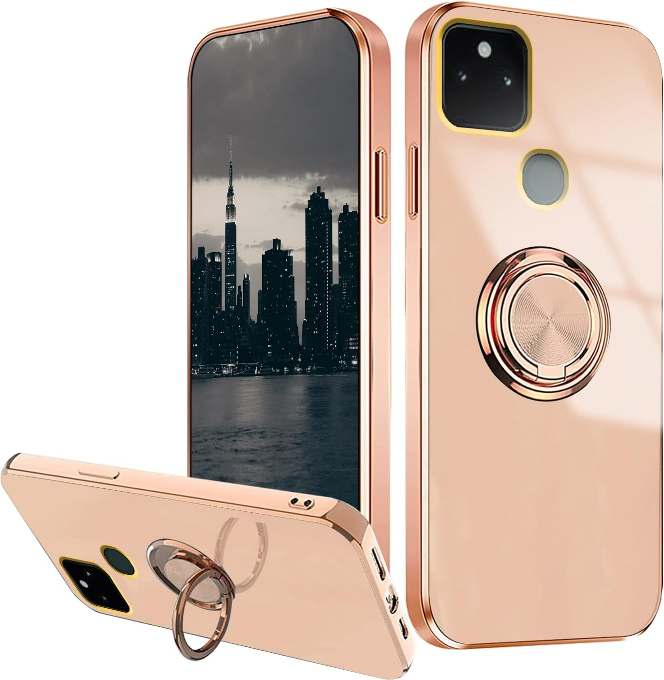 Compatible with Google Pixel 5A 5G Case Ring Holder Magnet Green, Google Pixel 5A 5G Phone Case Silicone Shockproof Plate Luxury Slim Cover (Purple)  Wousunly Pink  