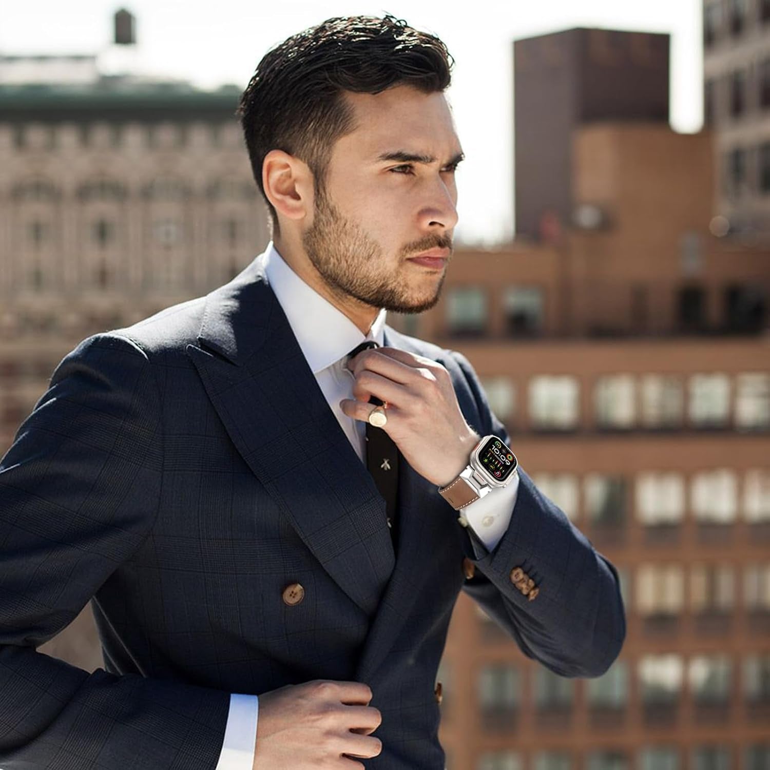 Genuine Leather Band Compatible with Apple Watch Ultra 2/Ultra Band 49Mm 45Mm 44Mm 42Mm for Men Women, Rugged Strap with Stainless Steel Connectors for Iwatch Ultra Series SE 9 8 7 6 5 4 3