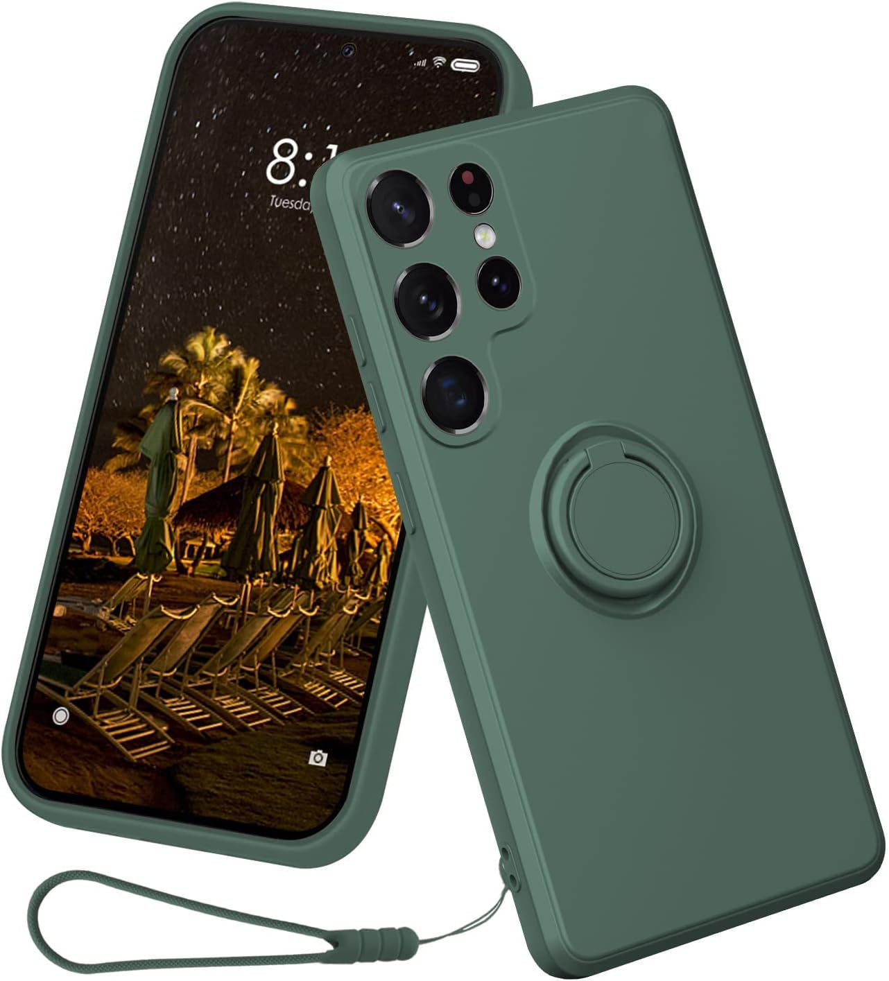 Case Compatible with Samsung Galaxy S22 Ultra（5G 2022 Released）, Silicone with Ring 360°Rotatable Kickstand Case Support Magnetic Car Mount，Protective Cover with Strap (Red)