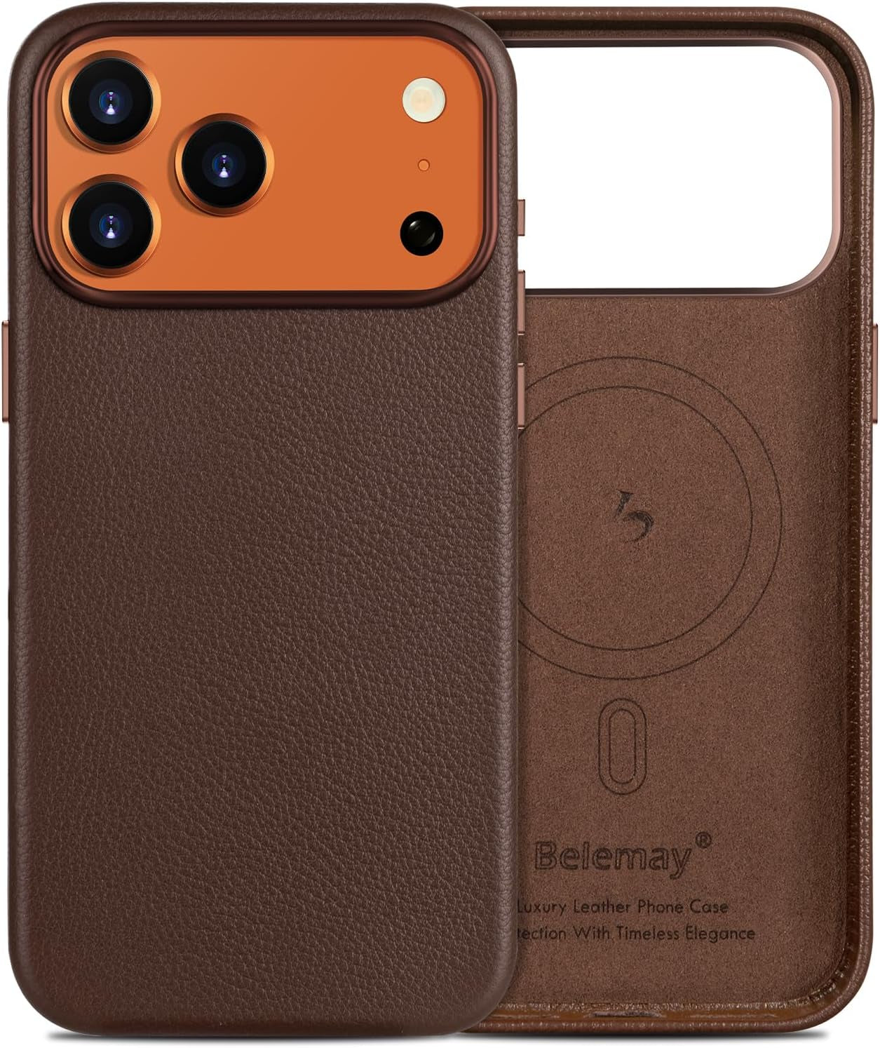 Belemay Handcrafted Premium Tumbled Leather Case for Iphone 17 Pro Max, Compatible with Magsafe, Distinctive Texture, Natural Patina, Camera Control Button, Metal Buttons Phone Cover (6.9"), Brown