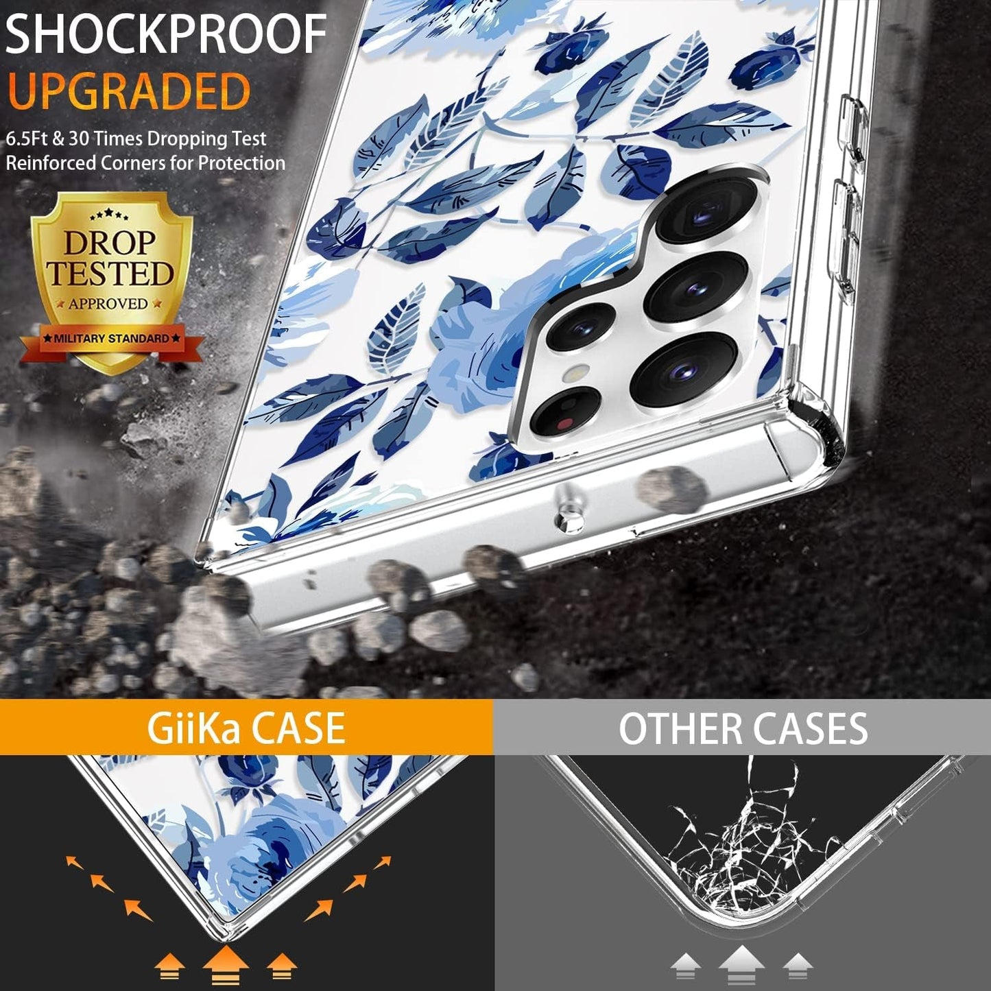 Giika for Galaxy S22 Ultra Case, Clear Girls Women Heavy Duty Shockproof Protective Hard Phone Cover Case for Samsung Galaxy S22 Ultra, Blue Flowers