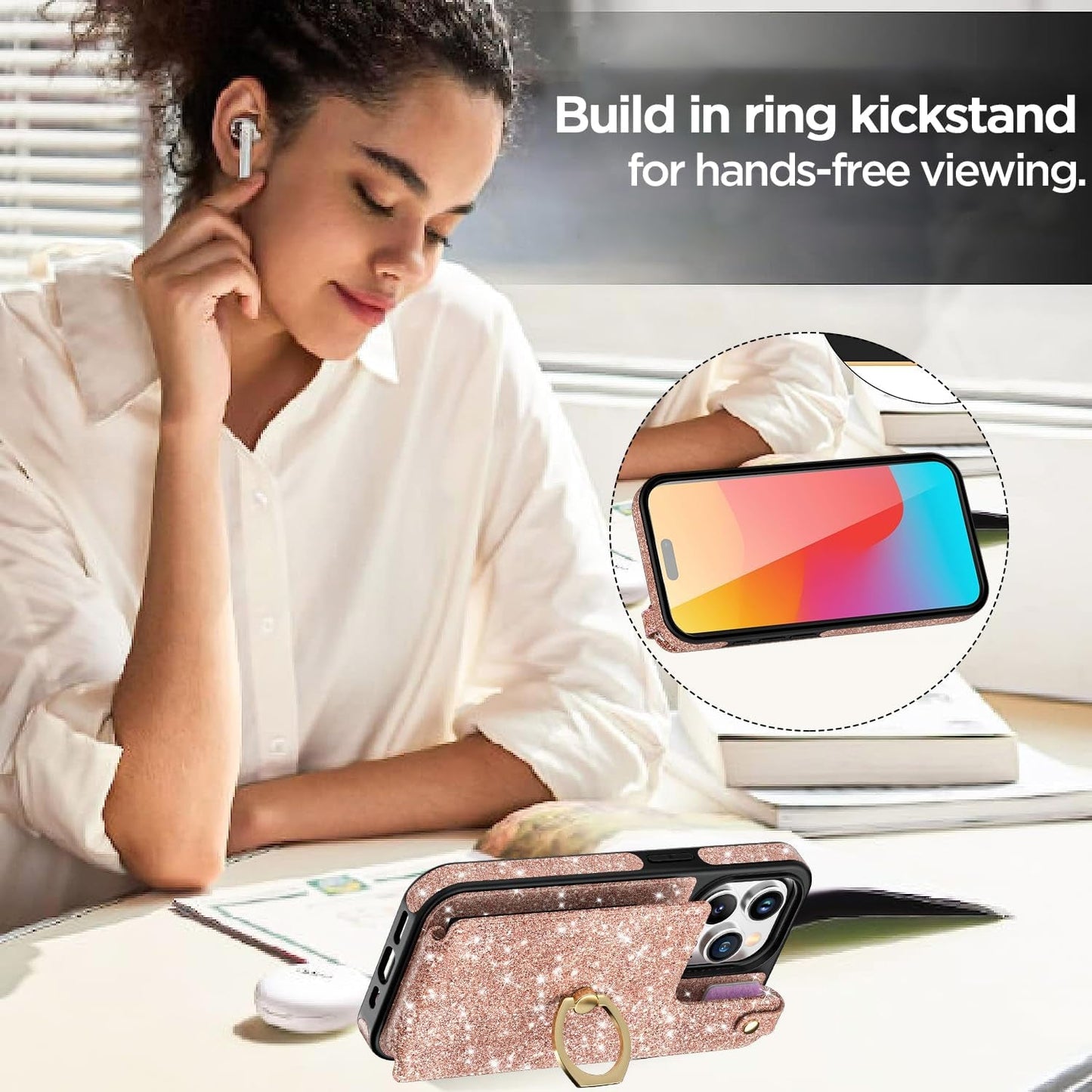 Aicase Card Holder Case Compatible with Iphone 15 Pro Max, Wallet Phone Case Glitter Sparkly Protective Cover for Women with Ring Kickstand and 8 Credit Card Slots, Rose Gold  AICase   