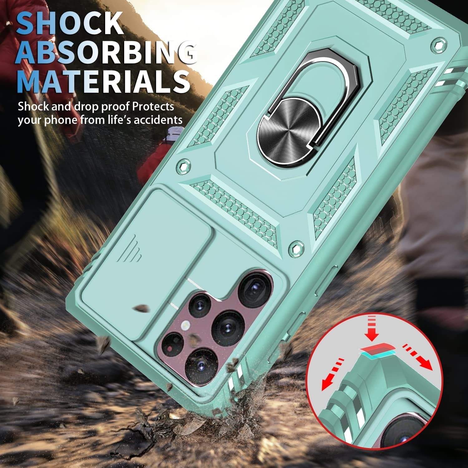 Case for Galaxy S22 Ultra, Shockproof Impact Resistant with Slide Lens Protective Cover Case for Samsung Galaxy S22 Ultra 4G/5G 6.8" (Green)