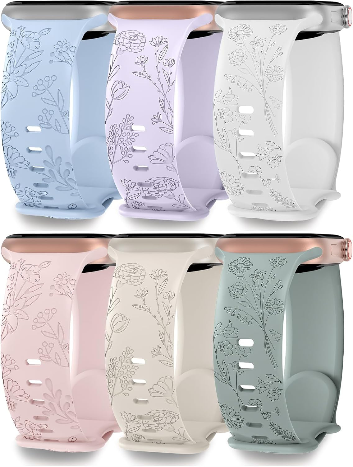 6 Pack Floral Engraved Compatible for Apple Watch Band 38Mm 40Mm 41Mm 42Mm 44Mm 45Mm 49Mm Women, Soft Silicone Cute Flower Sport Strap for Iwatch Bands Series 9 8 7 SE 6 5 4 3 2 1 Ultra