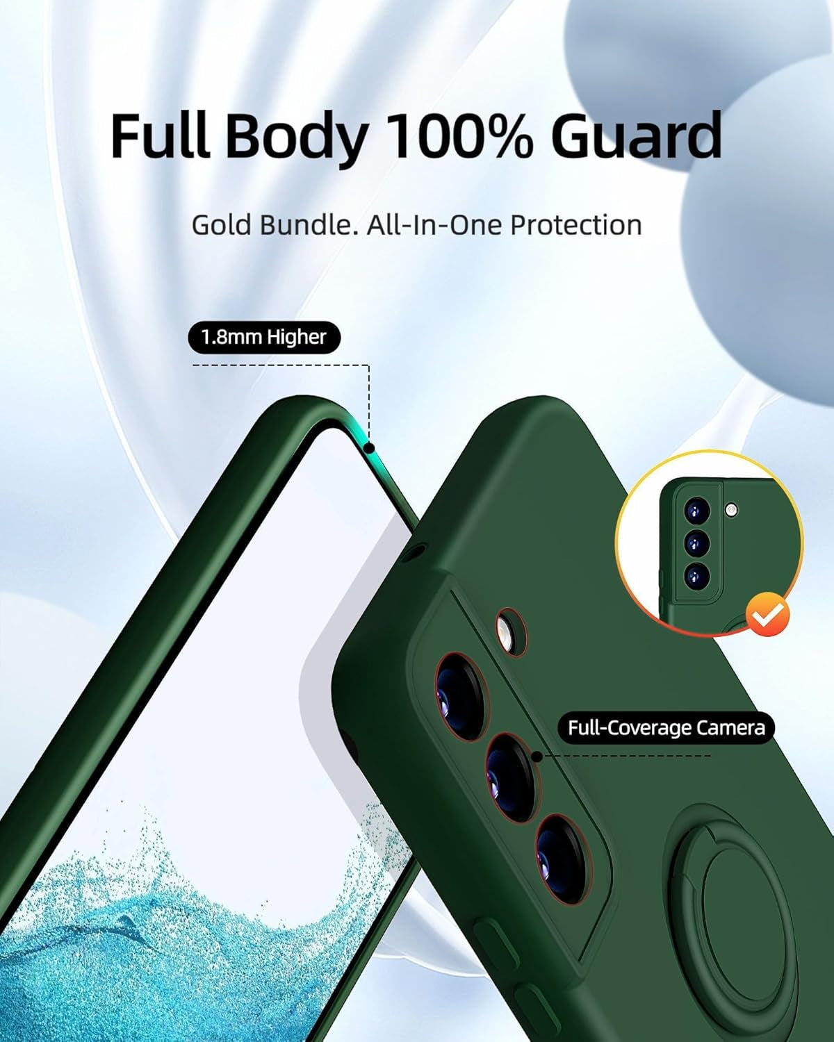 Dssairo for Samsung Galaxy S22 plus Phone Case, Ring Stand [360° Rotatable Ring Holder Magnetic Kickstand], with Full Camera Cover Protection, Silicone Slim Protective 5G Phone Case (Alpine Green)