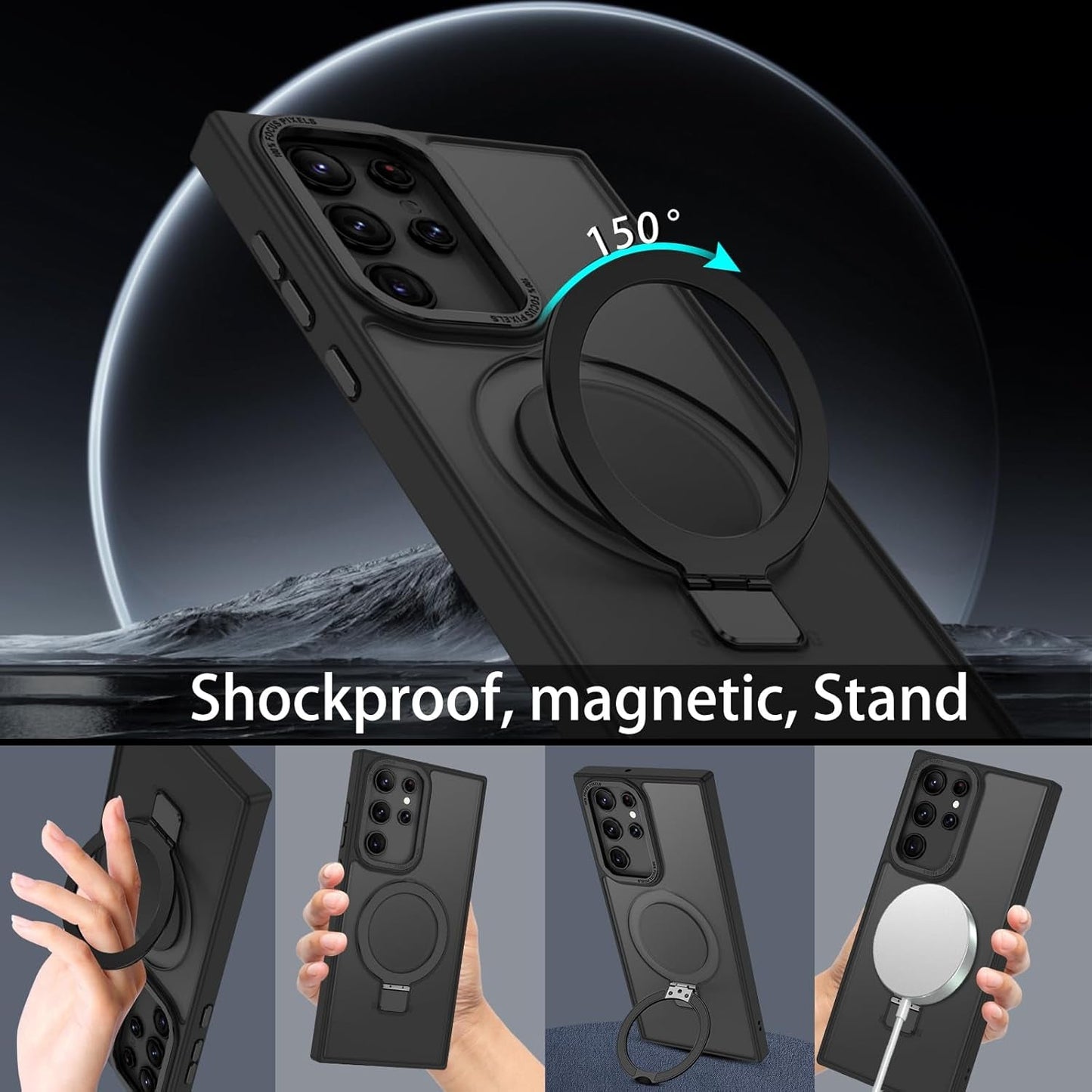 DUEDUE for Samsung Galaxy S22 Ultra Case with Ring Stand[Compatible with Magsafe], Translucent Matte Back Full Body Cover Slim Shockproof Kickstand Phone Case for Samsung S22 Ultra 6.8", Black