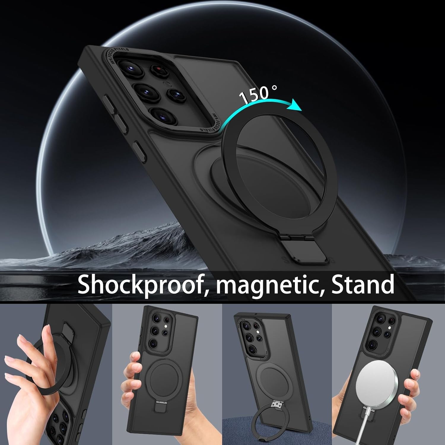 DUEDUE for Samsung Galaxy S22 Ultra Case with Ring Stand[Compatible with Magsafe], Translucent Matte Back Full Body Cover Slim Shockproof Kickstand Phone Case for Samsung S22 Ultra 6.8", Black