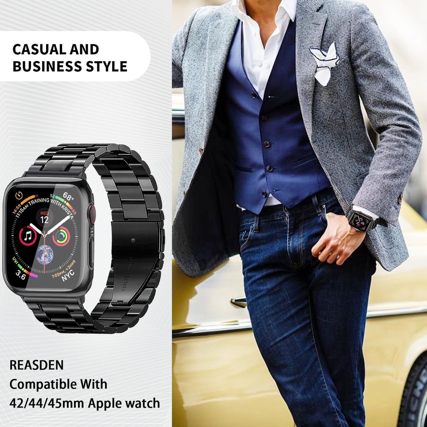 Compatible with Apple Watch Band Case Iwatch Ultra Series 9 8 7 6 5 4 3 2 1 SE 49Mm 45Mm 44Mm 42Mm 41Mm 40Mm 38Mm, Stainless Steel Metal Business Executive Classy Men Women