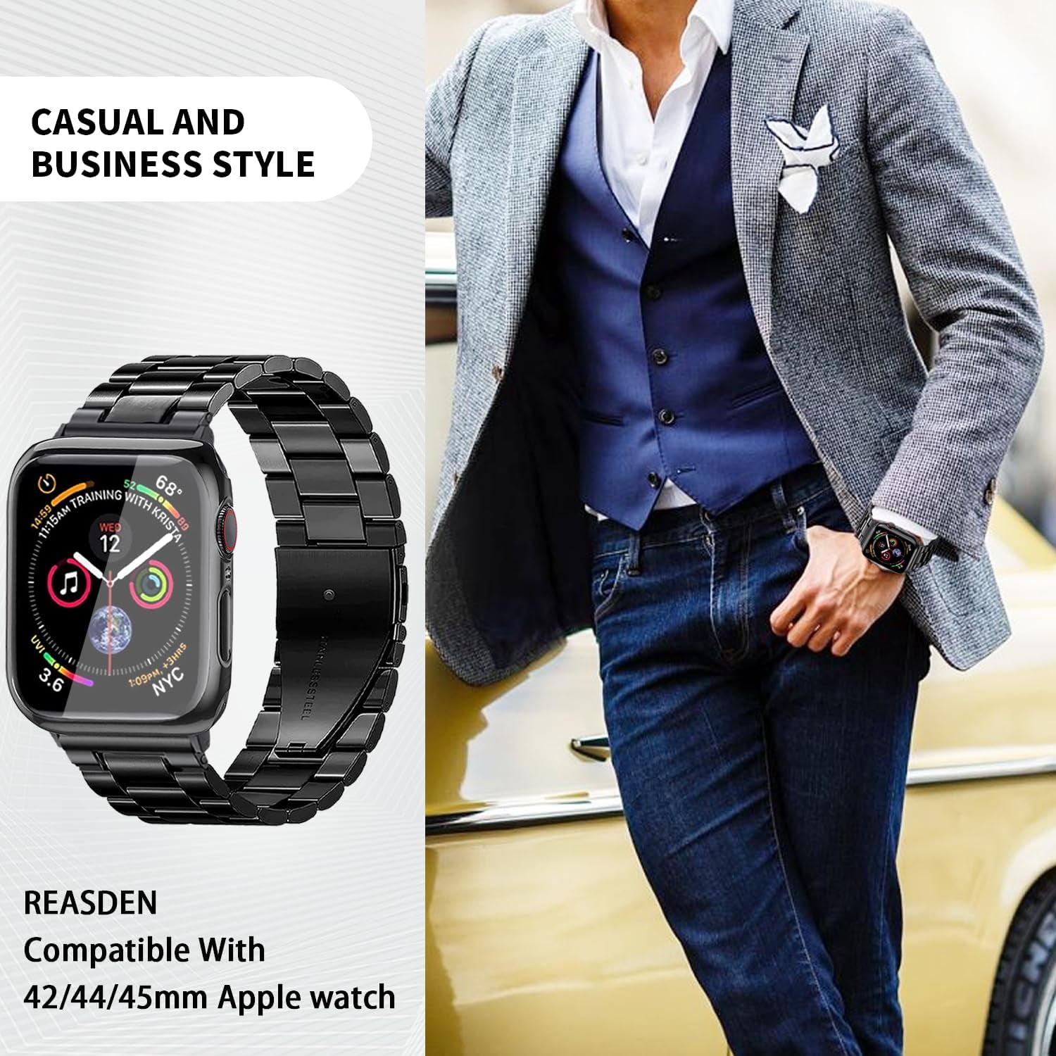 Compatible with Apple Watch Band Case Iwatch Ultra Series 9 8 7 6 5 4 3 2 1 SE 49Mm 45Mm 44Mm 42Mm 41Mm 40Mm 38Mm, Stainless Steel Metal Business Executive Classy Men Women