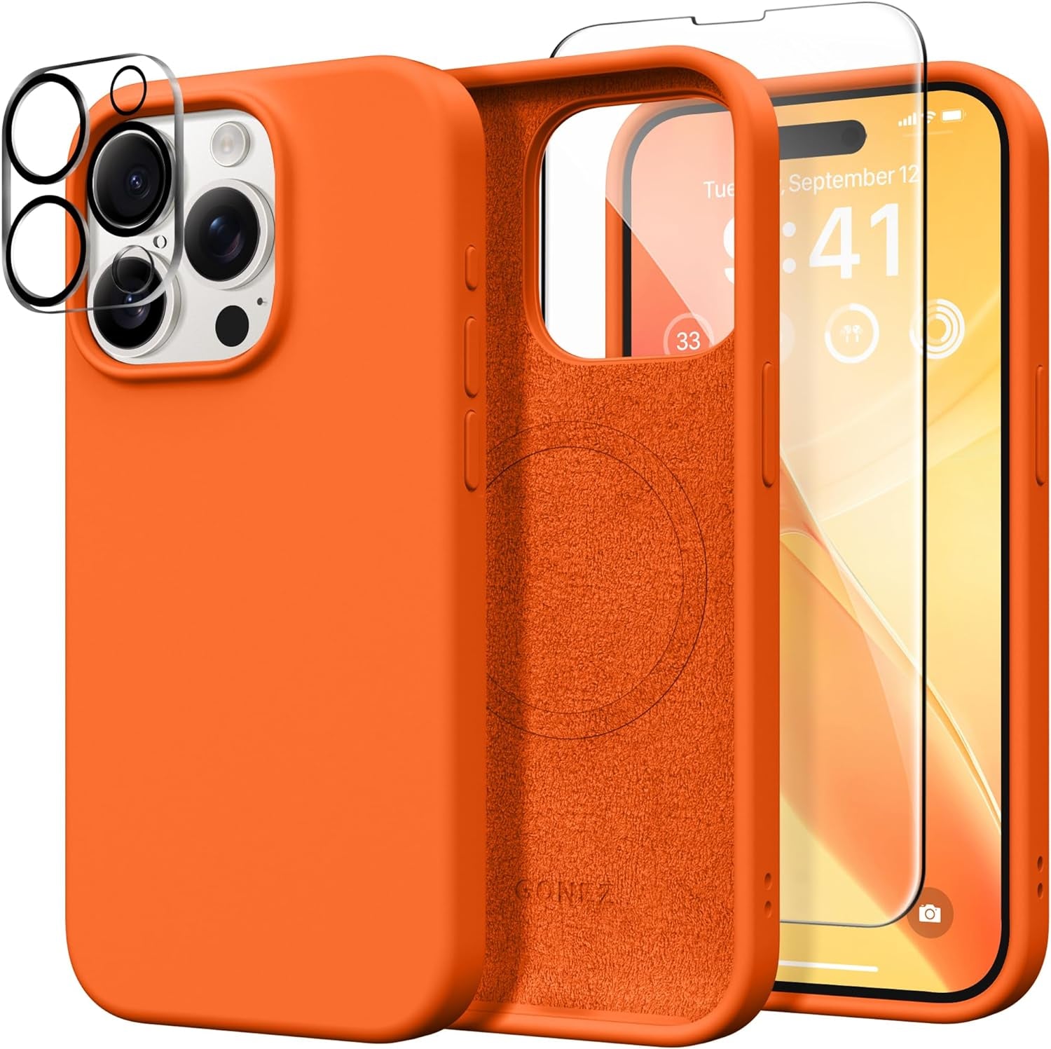 GONEZ for Iphone 15 Pro Case Compatible with Magsafe, [2X Screen Protector + 2X Camera Lens Protector], Soft Silicone Shockproof Anti-Scratch Full Body Protective Phone Case 6.1" 2023, Dark Grey  GONEZ Neon Orange  