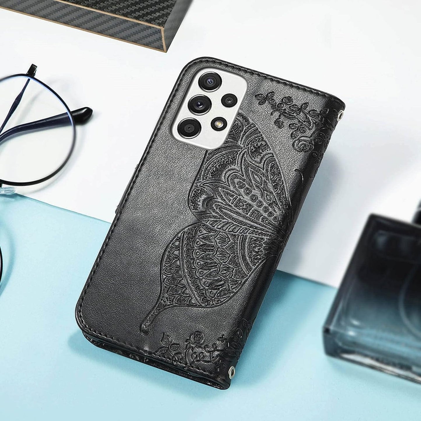 For Samsung Galaxy A53 5G Case Wallet,Women Flip Folio Cover with Butterfly Embossed PU Leather Credit Card Holder Slots Magnetic Wrist Strap Purse for Samsung A53 5G (Black)