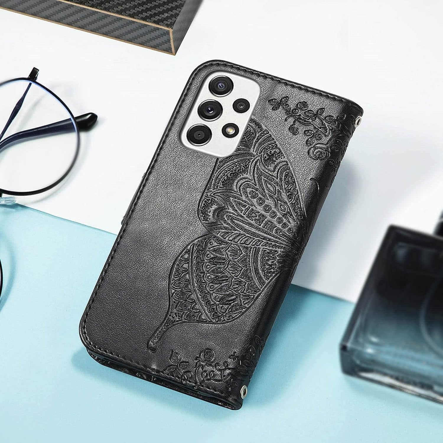 For Samsung Galaxy A53 5G Case Wallet,Women Flip Folio Cover with Butterfly Embossed PU Leather Credit Card Holder Slots Magnetic Wrist Strap Purse for Samsung A53 5G (Black)