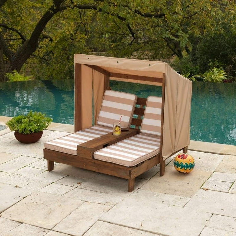 Wooden Outdoor Double Lounge Cup Holders Brown Wood Cushion Included  Generic1   