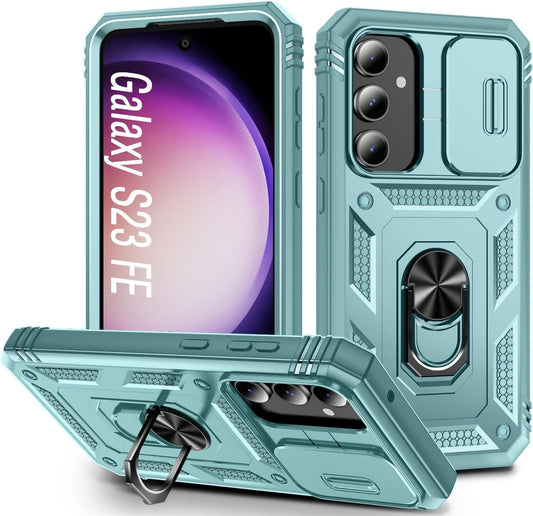 Case for Galaxy S23 FE, Slide Lens Protective Case Shockproof Impact Resistant with Kickstand Cover Case for Samsung Galaxy S23 FE 5G 6.4" (Green)