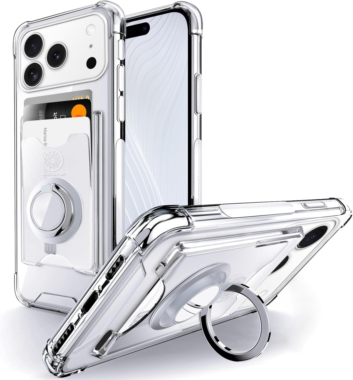 Shields up Designed for Iphone 17 Pro Max Case, Minimalist Wallet Case with Card Holder (3 Cards) & Ring Stand/Kickstand, [Drop Protection] Slim Protective Cover for Iphone 17 Pro Max (6.9 Inch) Clear