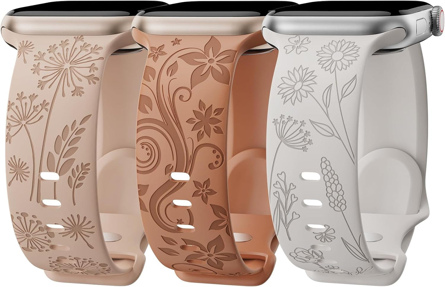 3 Pack Floral Engraved Bands Compatible with Apple Watch Band for Women 38Mm 40Mm 41Mm 42Mm 44Mm 45Mm 49Mm, Cute Flower Laser Pattern Soft Silicone Strap for Iwatch Series Ultra SE 9 8 7 6 5 4 3 2 1