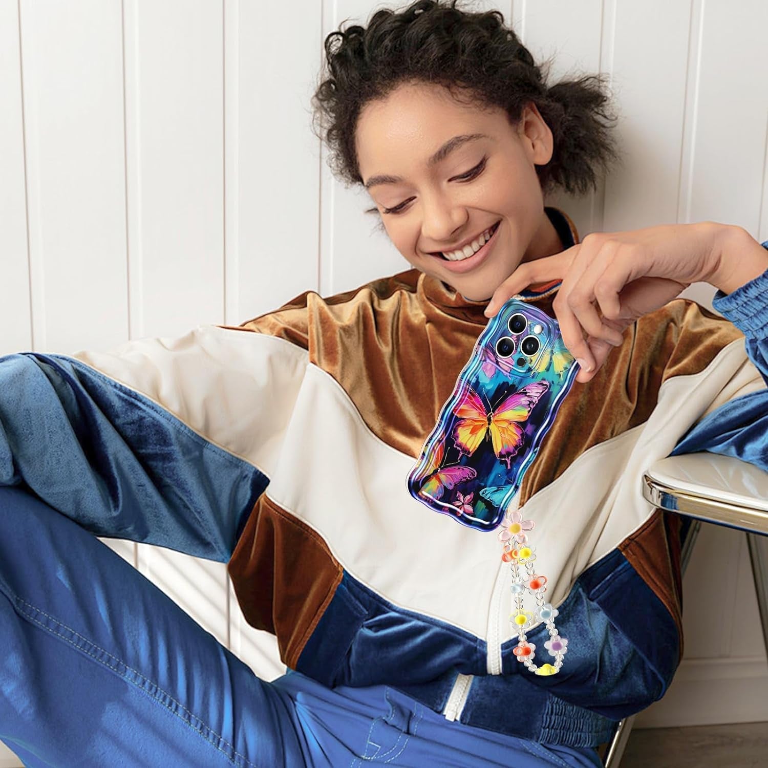 LONTECT for Iphone 14 Pro Max Case Shockproof Slim Full Body Protective Cute Curly Wave Border Camera Protection Cover+Flower Beads Chain Girls Women Case for Apple Iphone 14 Pro Max,Pink Butterfly  Lontect   