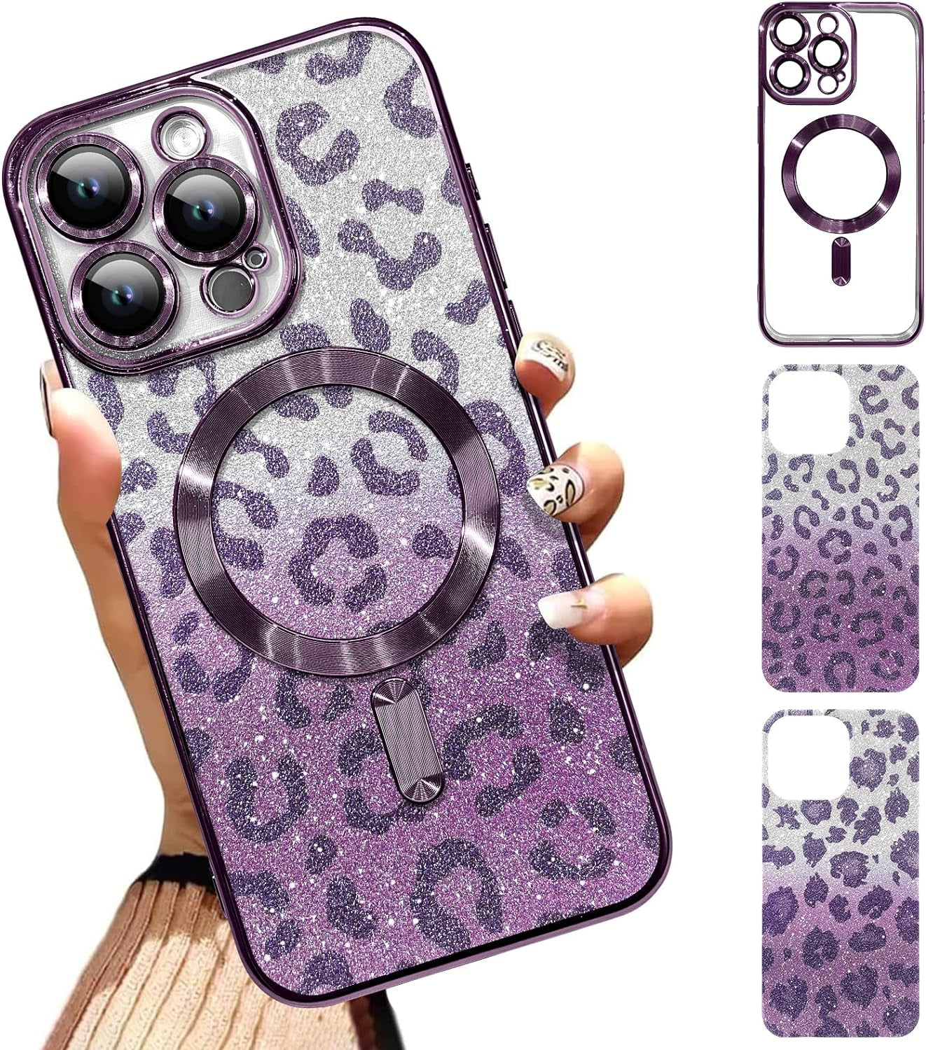 Illians Case for Iphone 14 Pro Max (Compatible with Magsafe) Camera Lens Protector Glitter Bling Plating Case Shockproof Protection Anti-Scratch Iphone 14 Pro Max Case for Women Men - Blue  Illians Purple - Leopard Print  