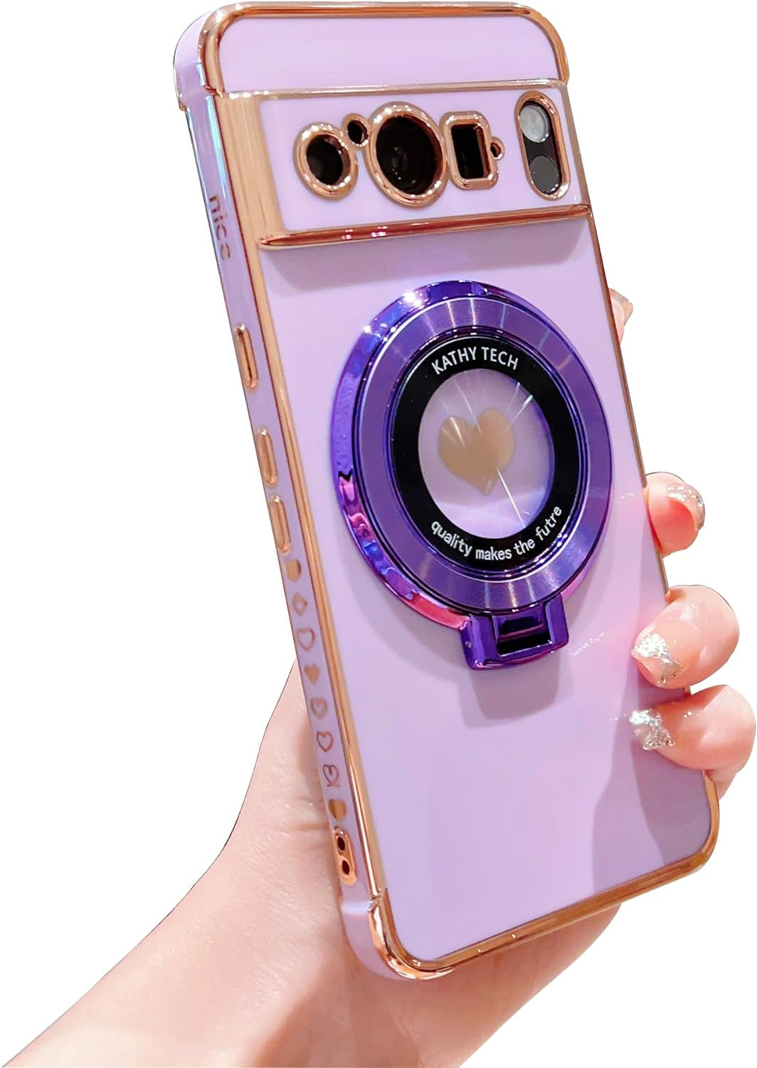 Phylla for Google Pixel 8 Pro 5G 6.7" Phone Case with Magsafe,Luxury Plated Cute Love Heart Cover with Magnetic Stand Holder Side Small Hearts Pattern Soft Shockproof Kickstand Bumper for Women-Black  PHYLLA\1 Purple  