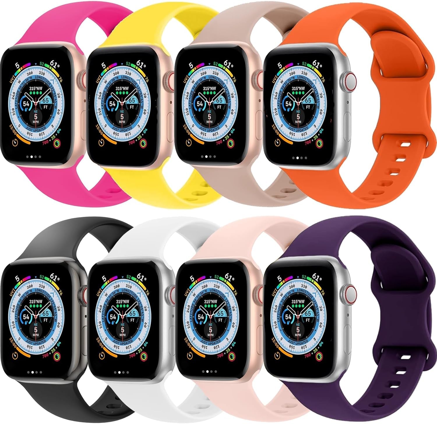 Bands Compatible with Apple Watch Band 45Mm 44Mm 42Mm 49Mm 38Mm 40Mm 41Mm for Women Men, Soft Silicone Sport Replacement Strap Wristband for Iwatch Series 8 SE 7 6 5 4 3 2 1, 8 Pack