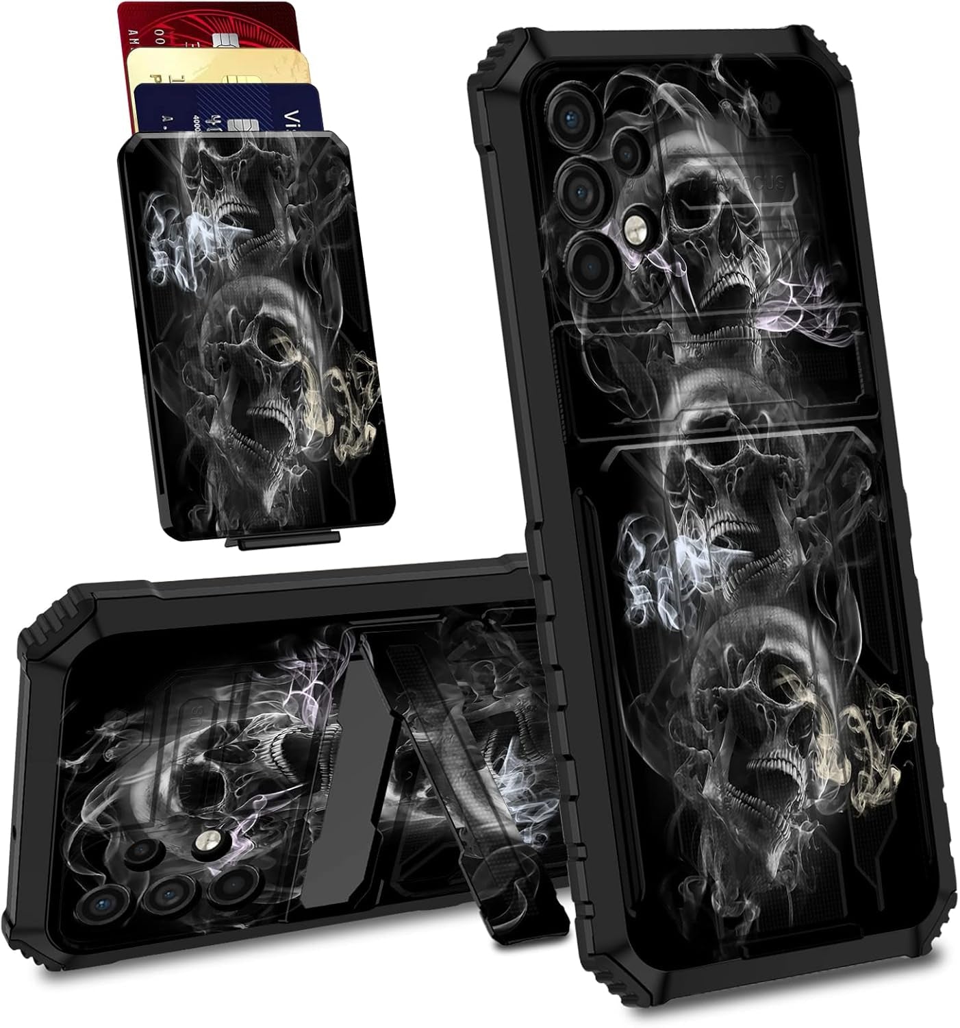 Case for Samsung Galaxy A53 5G with Detachable Card Holder Slot Kickstand Dual Layer Heavy Duty Shockproof Cover Hidden ID Cash Credit Wallet Case for Samsung A53 5G, Smoke Skull
