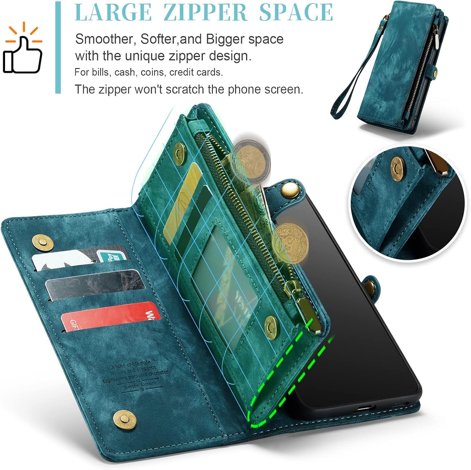 Asuwish Phone Case for Samsung Galaxy A53 5G 2022 Zipper Wallet Detachable Cover with Tempered Glass Screen Protector and Flip Card Holder Cell Accessories Gaxaly A53 G5 Galaxies 53A SM A536U Men Blue