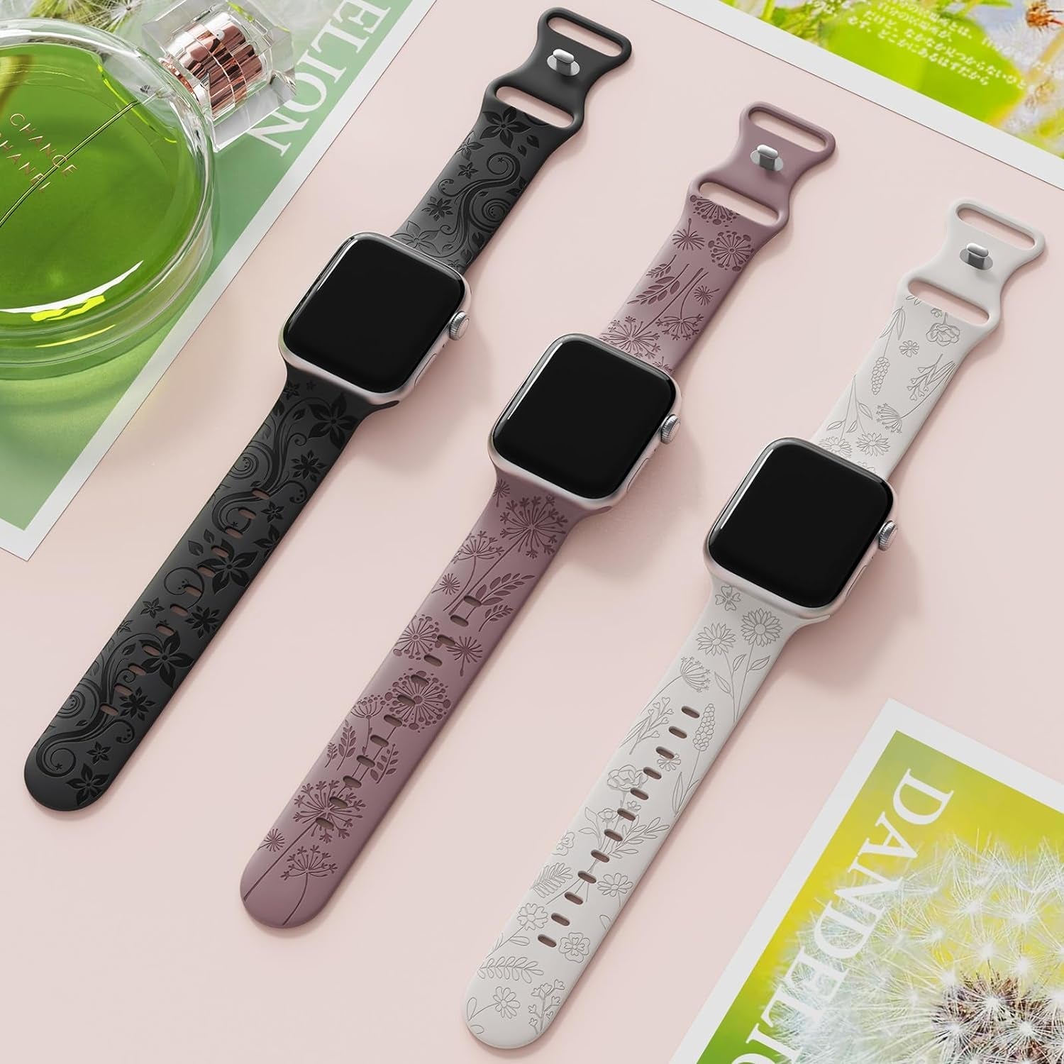 3 Pack Floral Engraved Bands Compatible with Apple Watch Band for Women 38Mm 40Mm 41Mm 42Mm 44Mm 45Mm 49Mm, Cute Flower Laser Pattern Soft Silicone Strap for Iwatch Series Ultra SE 9 8 7 6 5 4 3 2 1