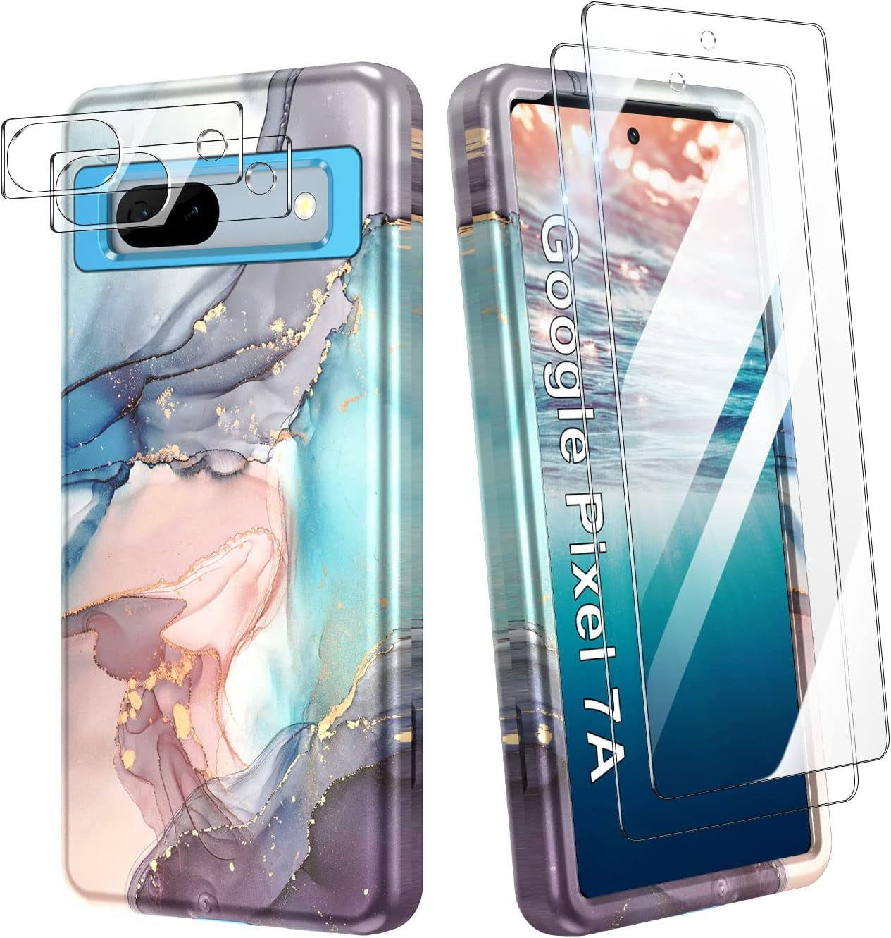 Btscase for Google Pixel 7A Case, [5 in 1] with 2 Pack Screen Protector + 2 Pack Camera Lens Protector, Marble Pattern Full Body Three Layer Rugged Shockproof Protective Cover (2023), Blue Pink  Btscase Blue Gray  
