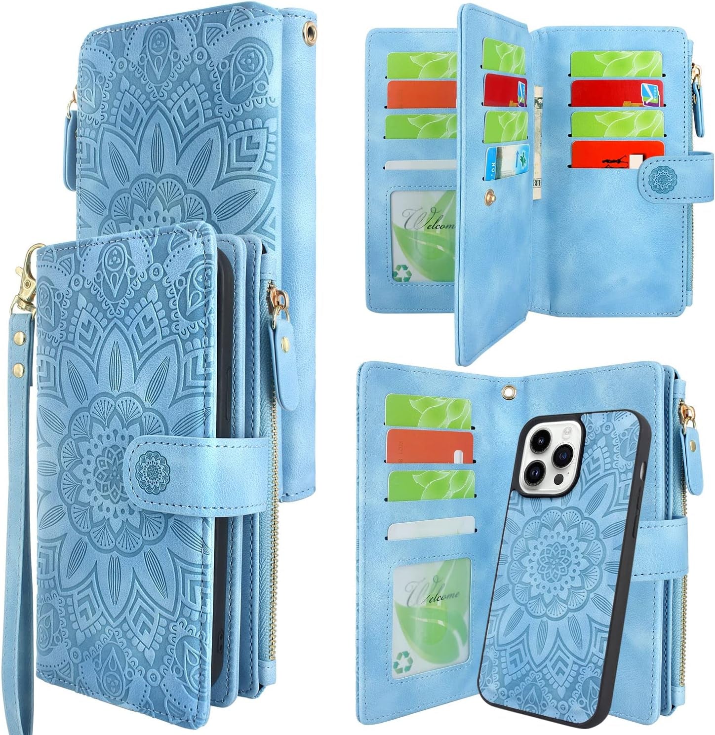 Harryshell Compatible with Iphone 14 Pro 6.1 Inch 5G 2022 Wallet Case Detachable Magnetic Cover Zipper Cash Pocket Multi Card Slots Holder Wrist Strap Lanyard (Floral Black)  Harryshell   