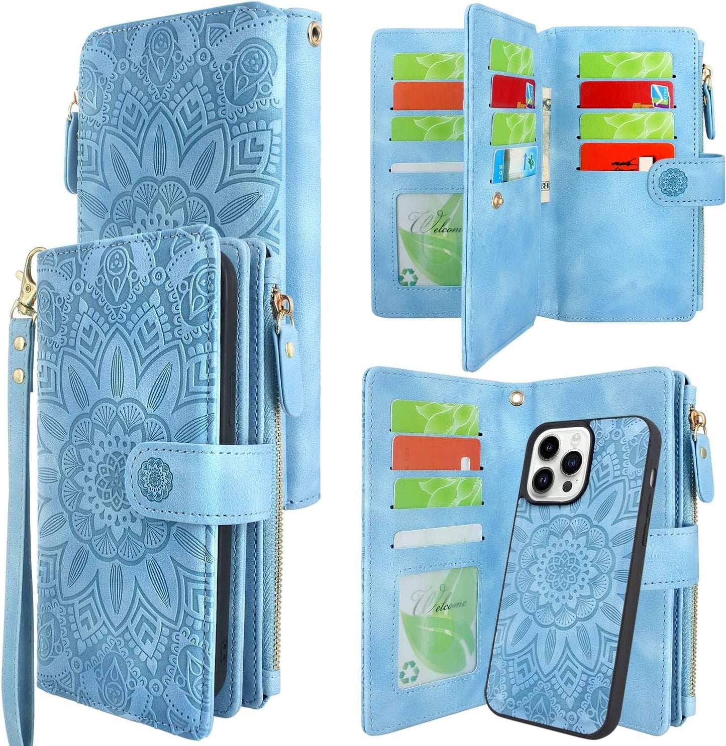 Harryshell Compatible with Iphone 14 Pro 6.1 Inch 5G 2022 Wallet Case Detachable Magnetic Cover Zipper Cash Pocket Multi Card Slots Holder Wrist Strap Lanyard (Floral Black)  Harryshell Floral Sky Blue  